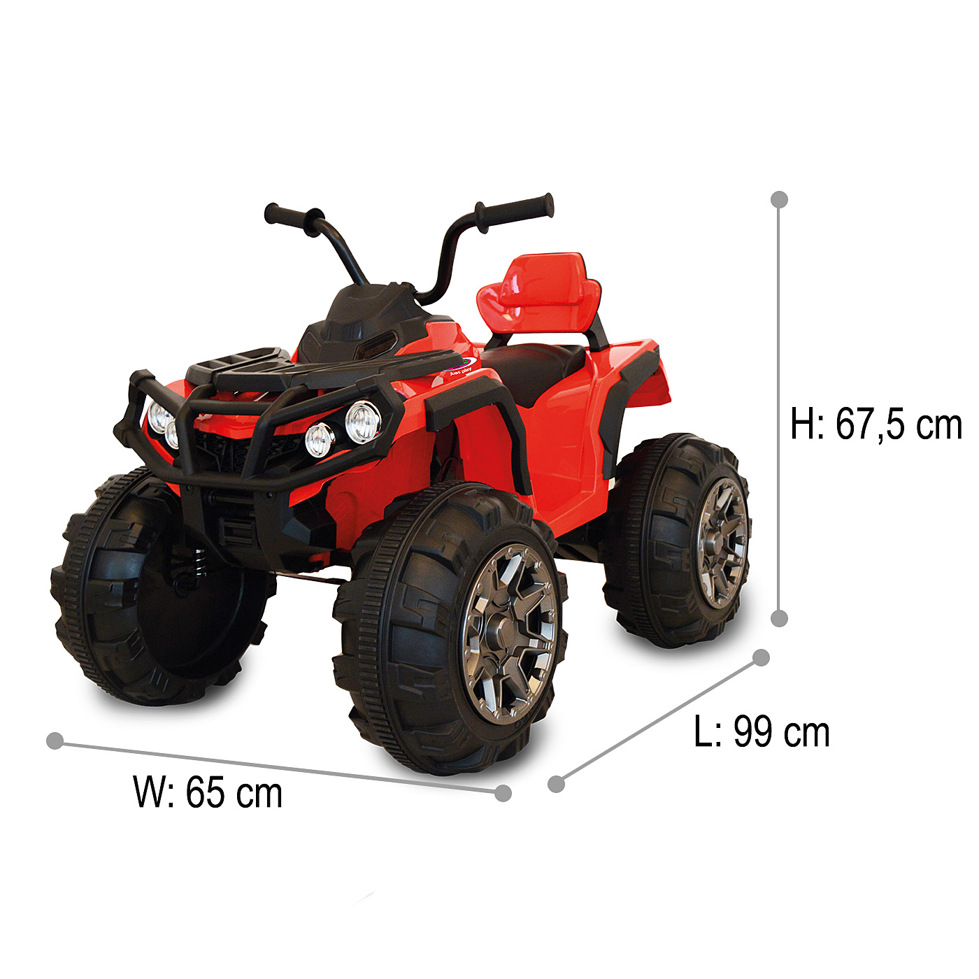 Ein roter Kinder-Quad mit schwarzen Akzenten, Reifen und Sitz.