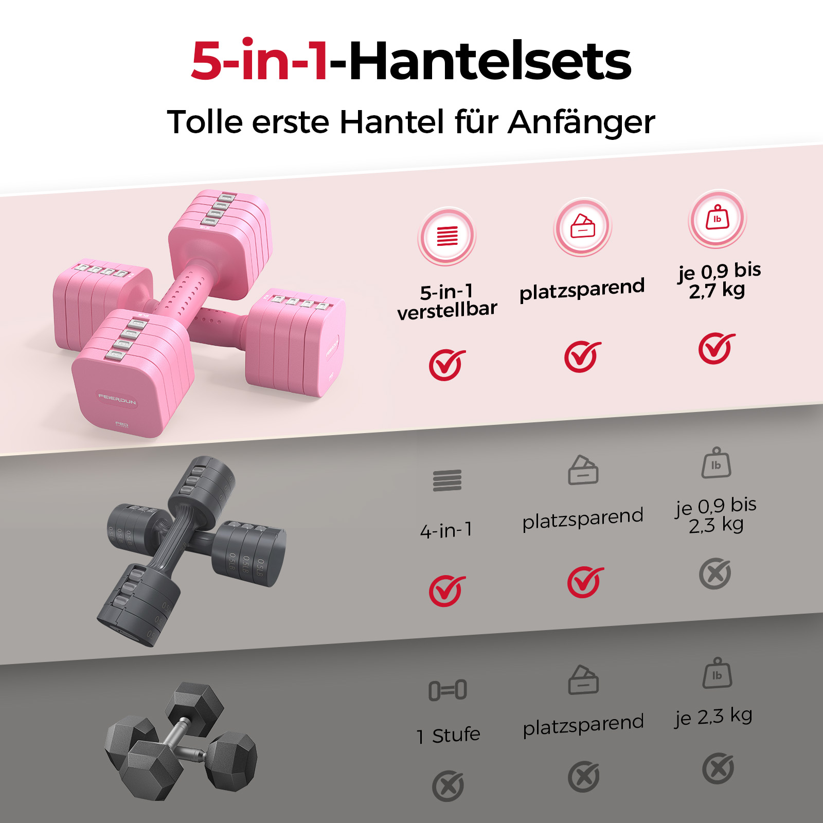 Drei Hantelsets in verschiedenen Farben und Konfigurationen auf einem hellen Hintergrund.