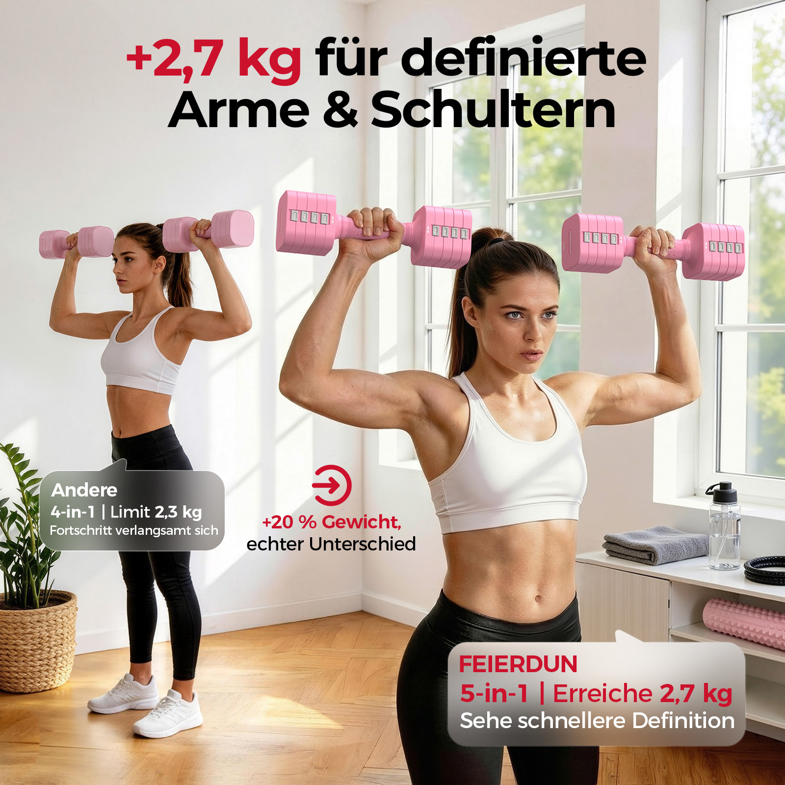 Frauen mit rosa Hanteln trainieren. Text über Gewichtszunahme und Muskeldefinition.