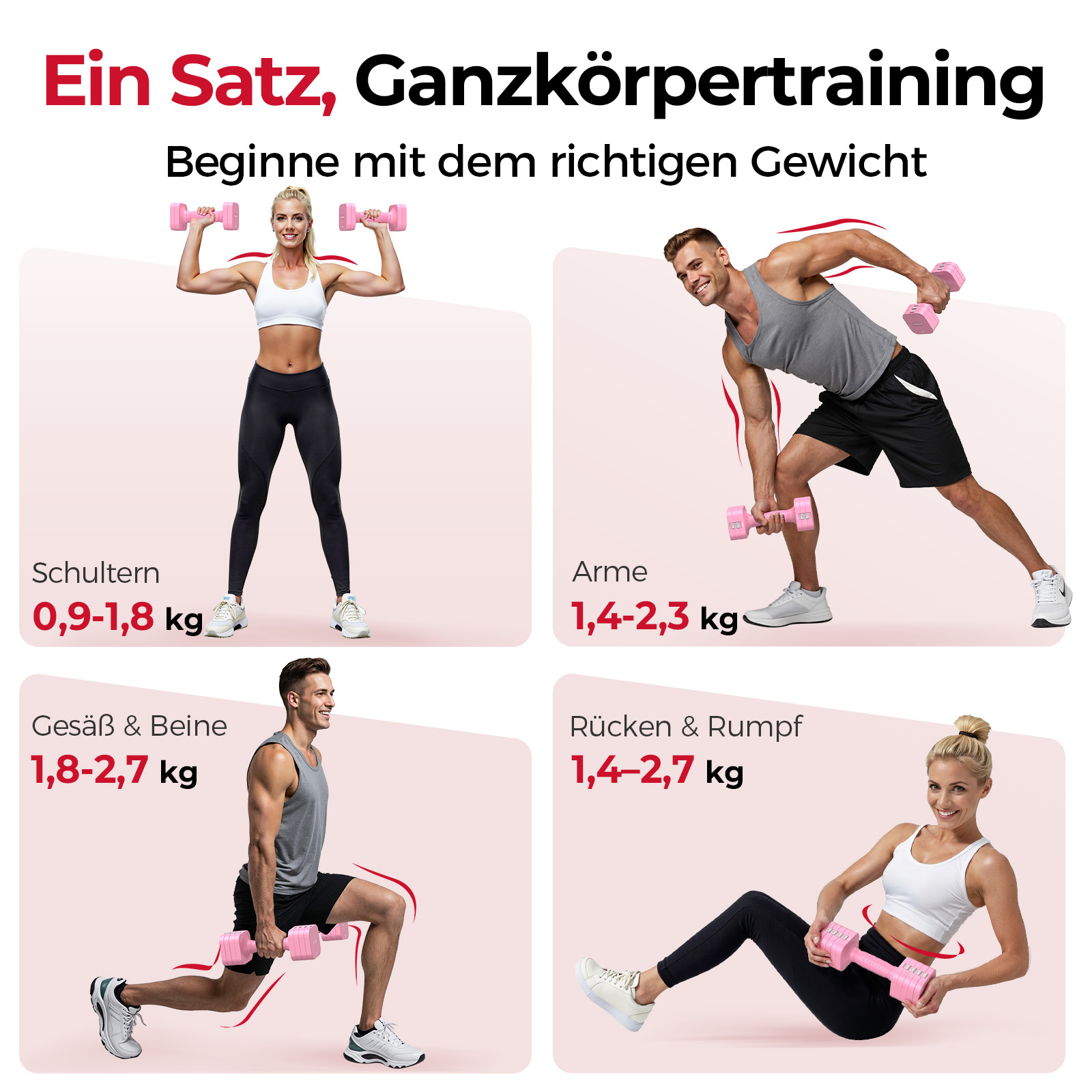 Vier Übungen mit Hanteln: Schultern, Arme, Beine, Rücken. Mit Gewichtsangaben.