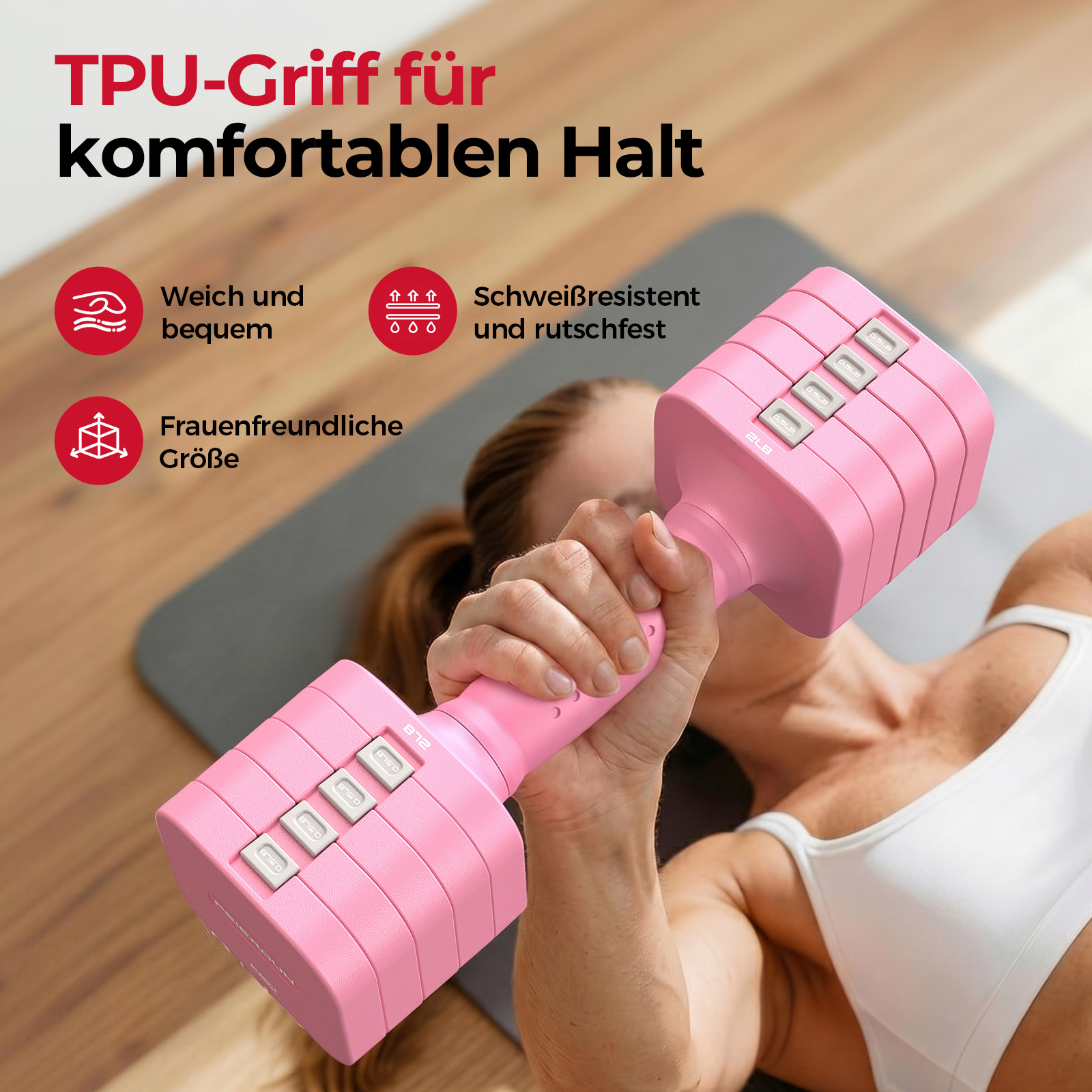 Eine Frau hält eine pinke Kurzhantel mit verstellbarem Gewicht. Die Hantel hat weiße Knöpfe und Aufschriften.