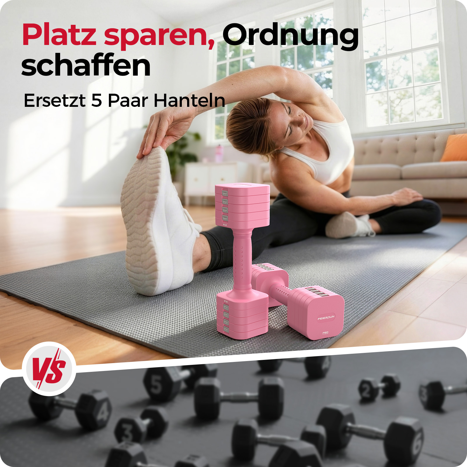 Eine Frau dehnt sich neben pinken Hanteln, ein Vergleich mit schwarzen Hanteln.