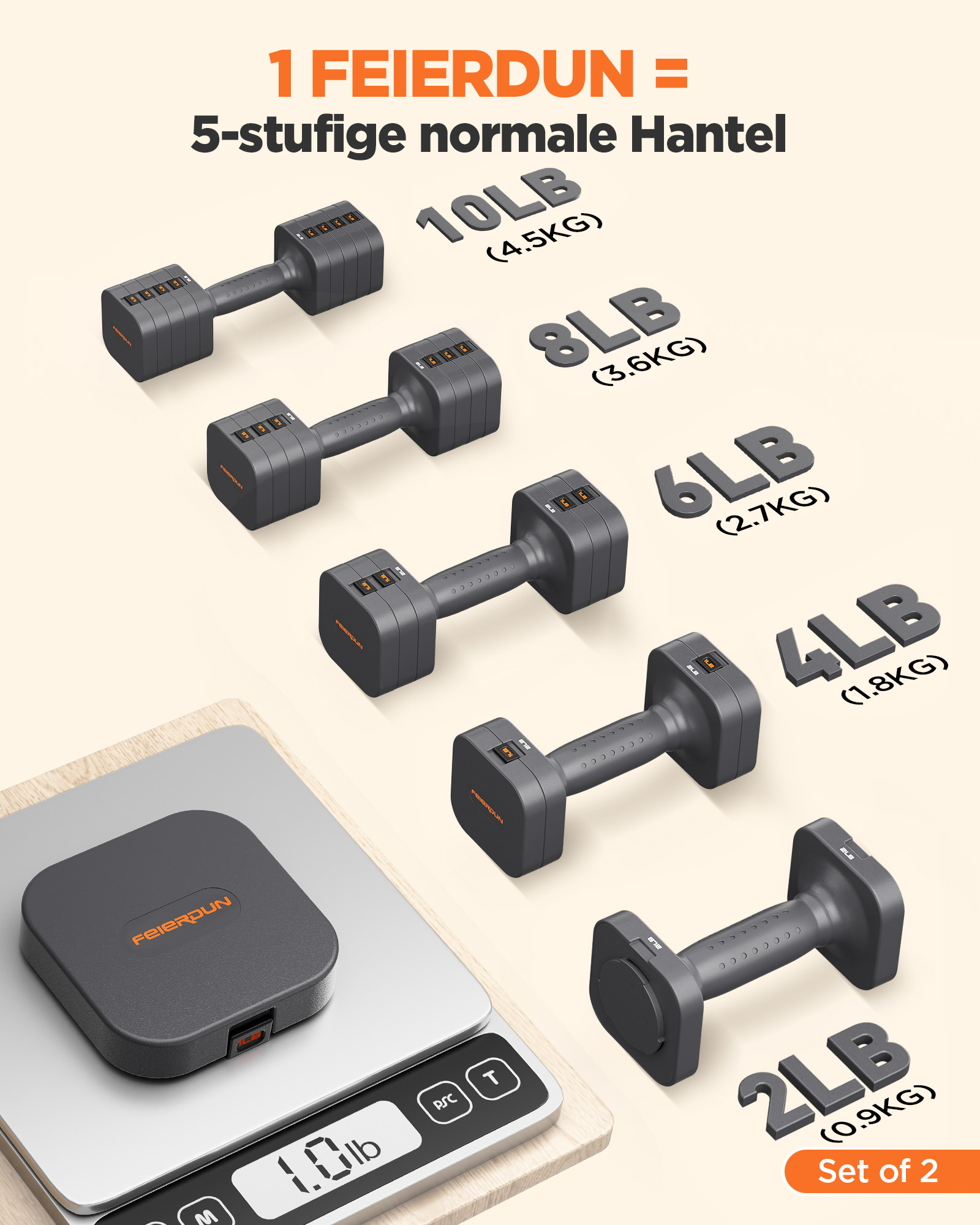 Verstellbare Hanteln in verschiedenen Gewichten (2-10LB) und eine Waage.