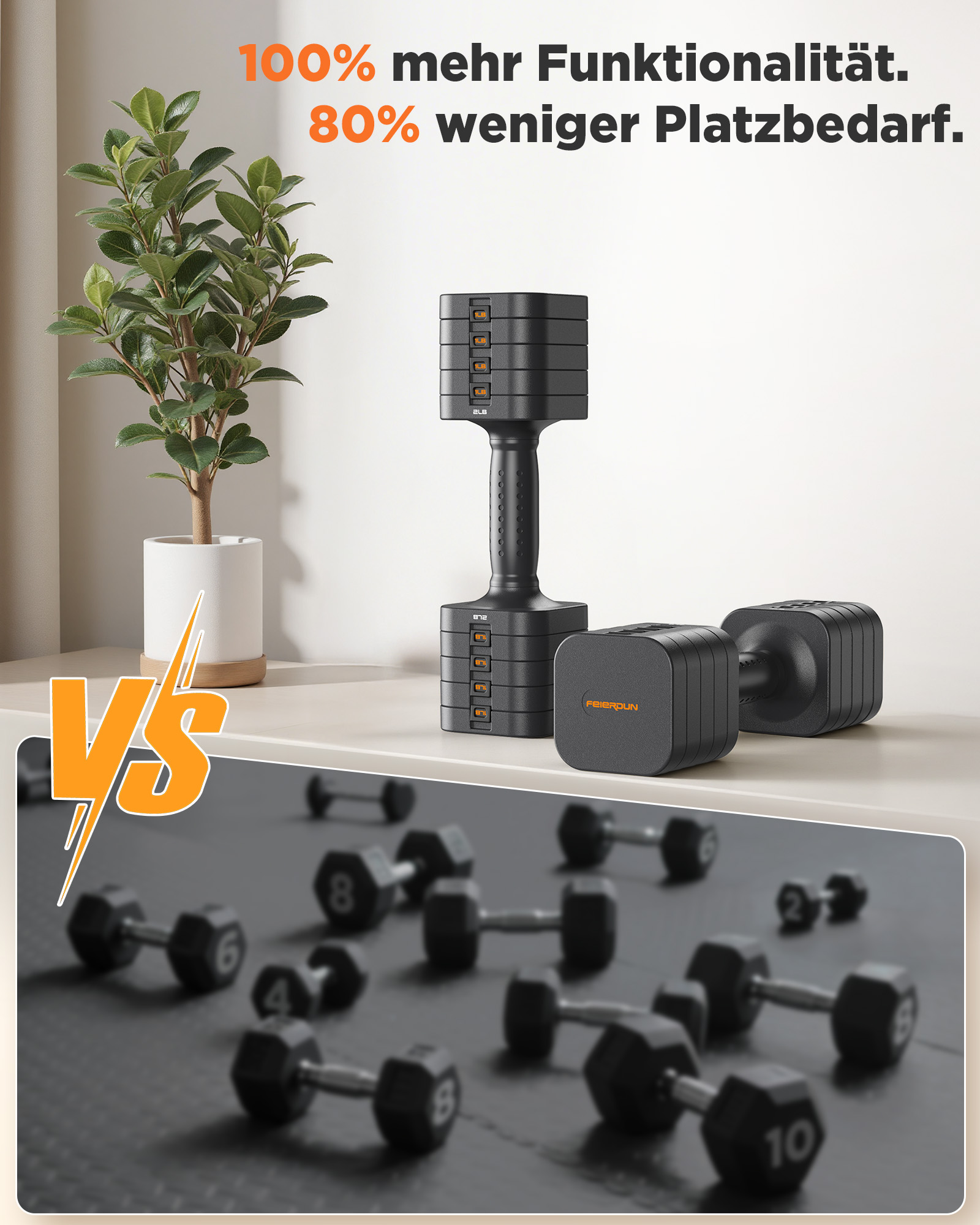 Ein verstellbarer Hantel-Set auf einem Regal, daneben eine Pflanze. Unten sind traditionelle Hanteln.