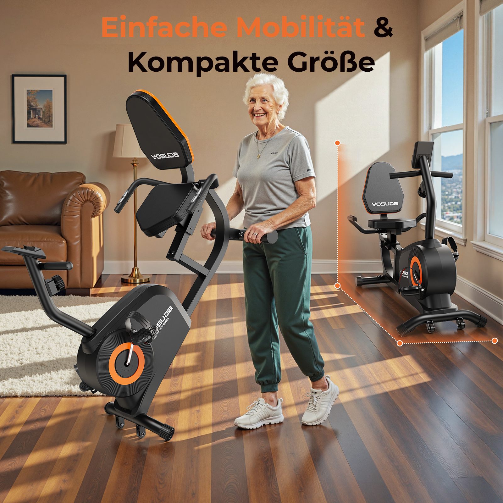 Eine ältere Frau steht neben einem schwarzen Heimtrainer mit orangefarbenen Akzenten.