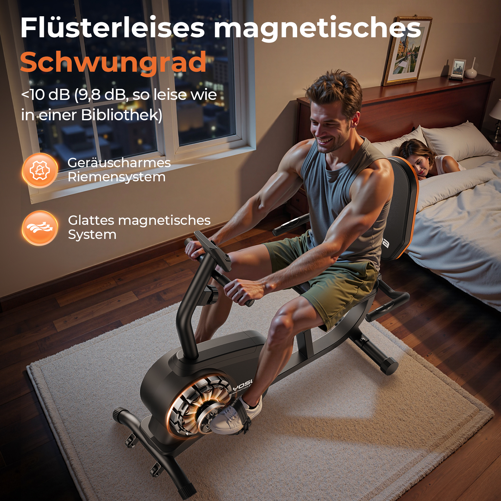 Mann trainiert auf einem Heimtrainer im Schlafzimmer, während eine Frau schläft.
