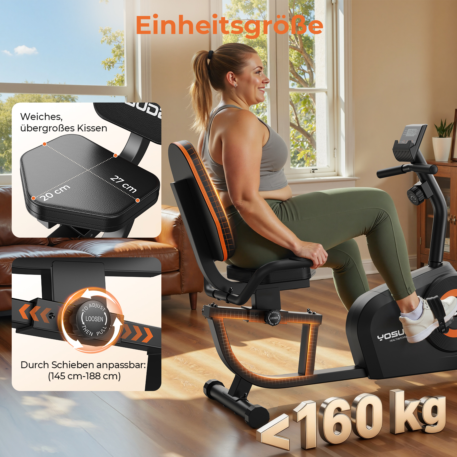 Frau auf einem Heimtrainer sitzend, mit Detailaufnahmen von Kissen und Einstellmechanismus.