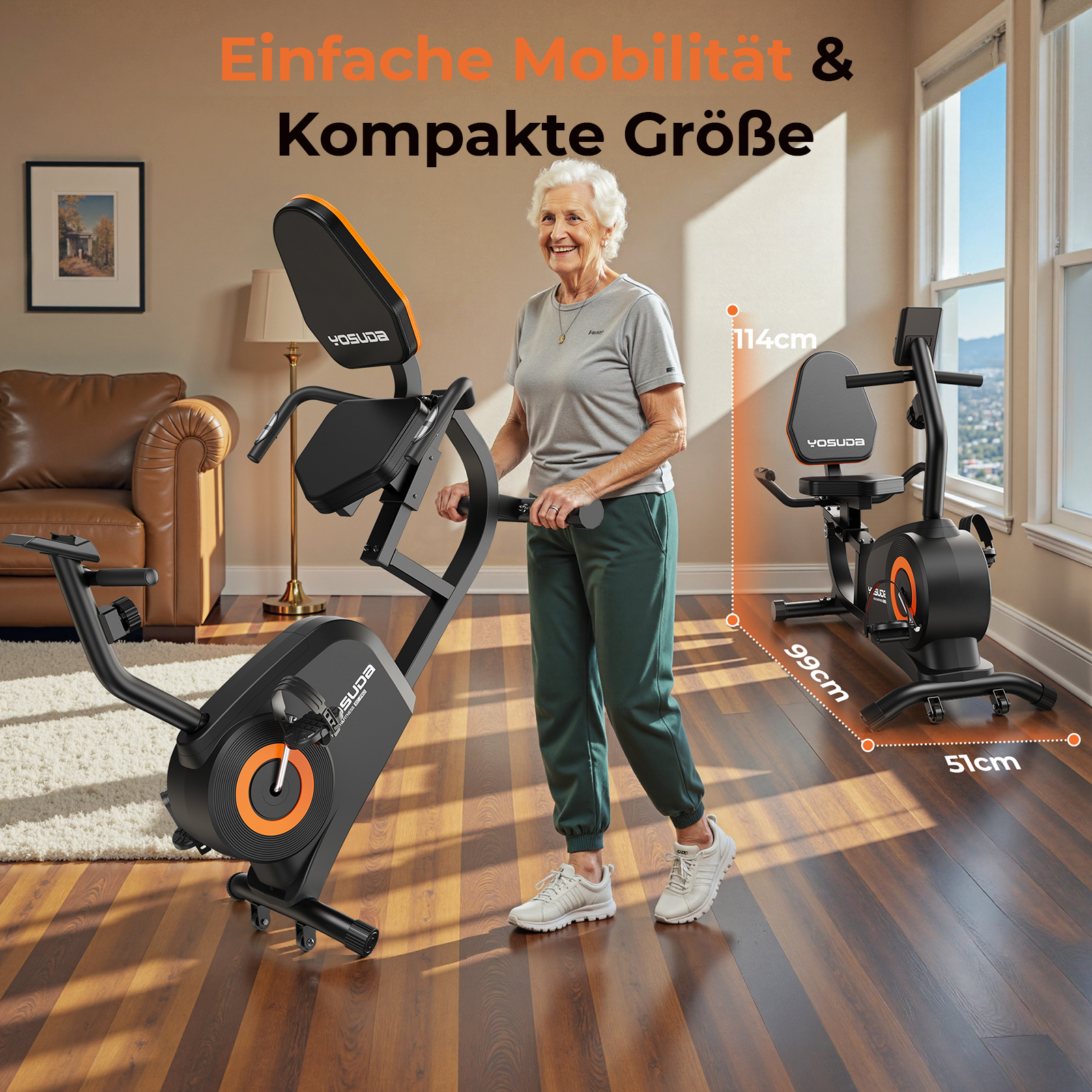 Eine ältere Frau steht neben einem schwarzen Heimtrainer mit orangefarbenen Akzenten.