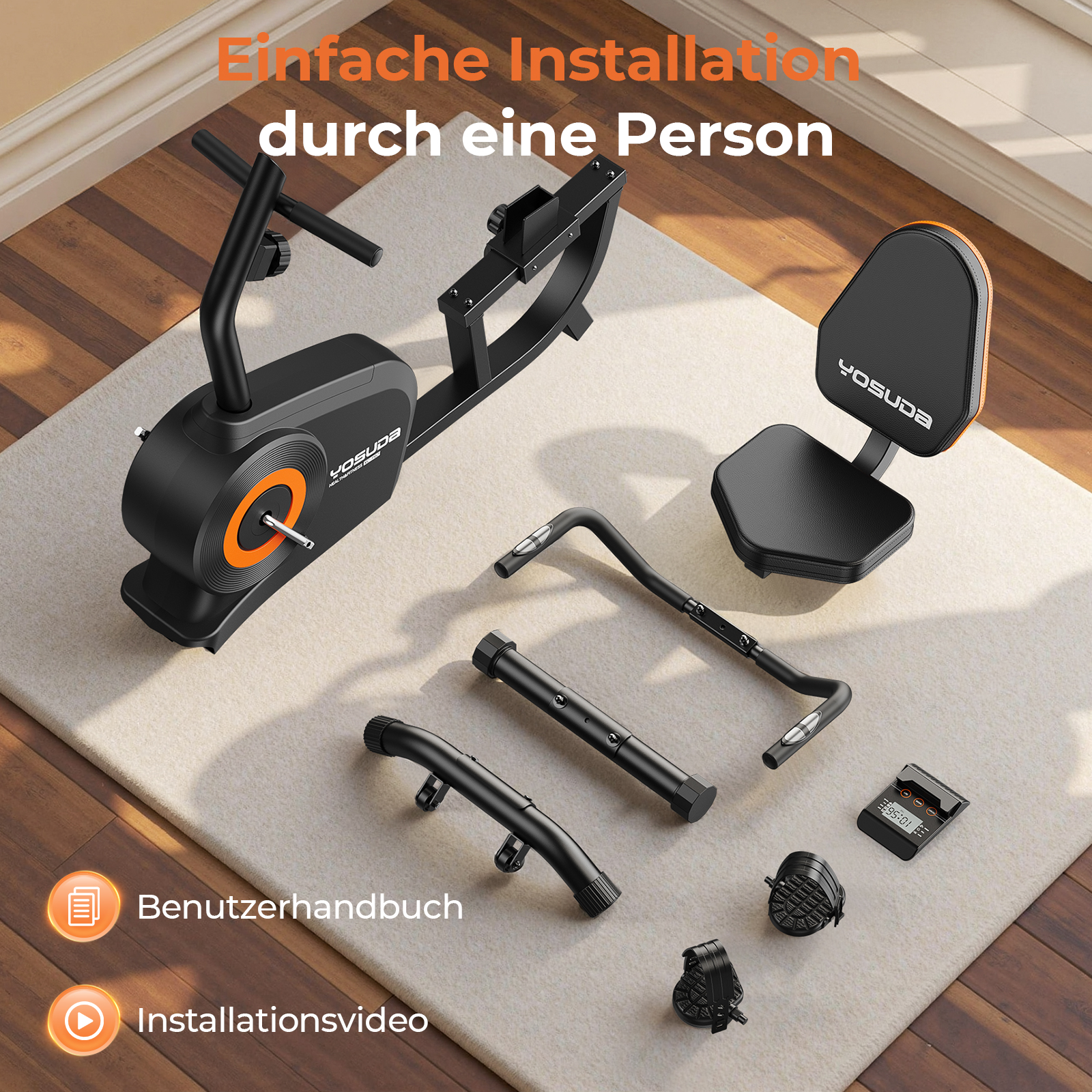 Schwarzes Heimtrainer-Set mit Teilen, Display und Handbuch-Symbol.