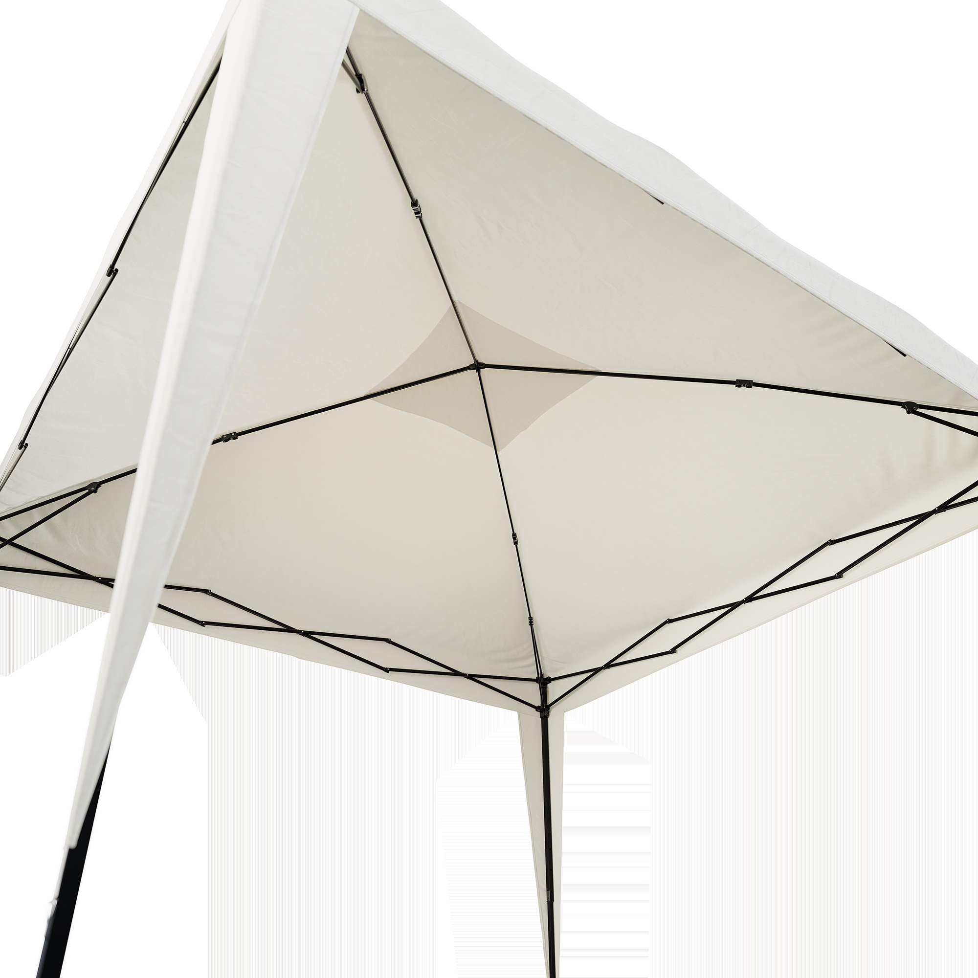 Sottopancia di una tenda bianca pieghevole con telaio in metallo nero.