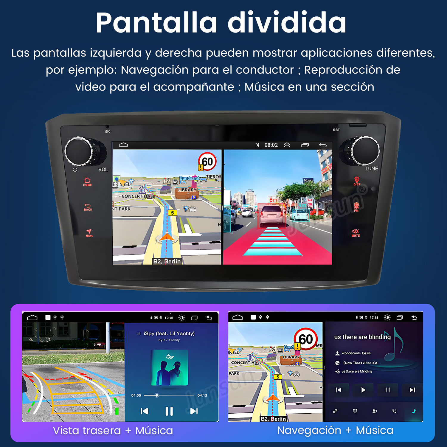 Pantalla dividida muestra navegación, vista de cámara trasera y reproductor de música.