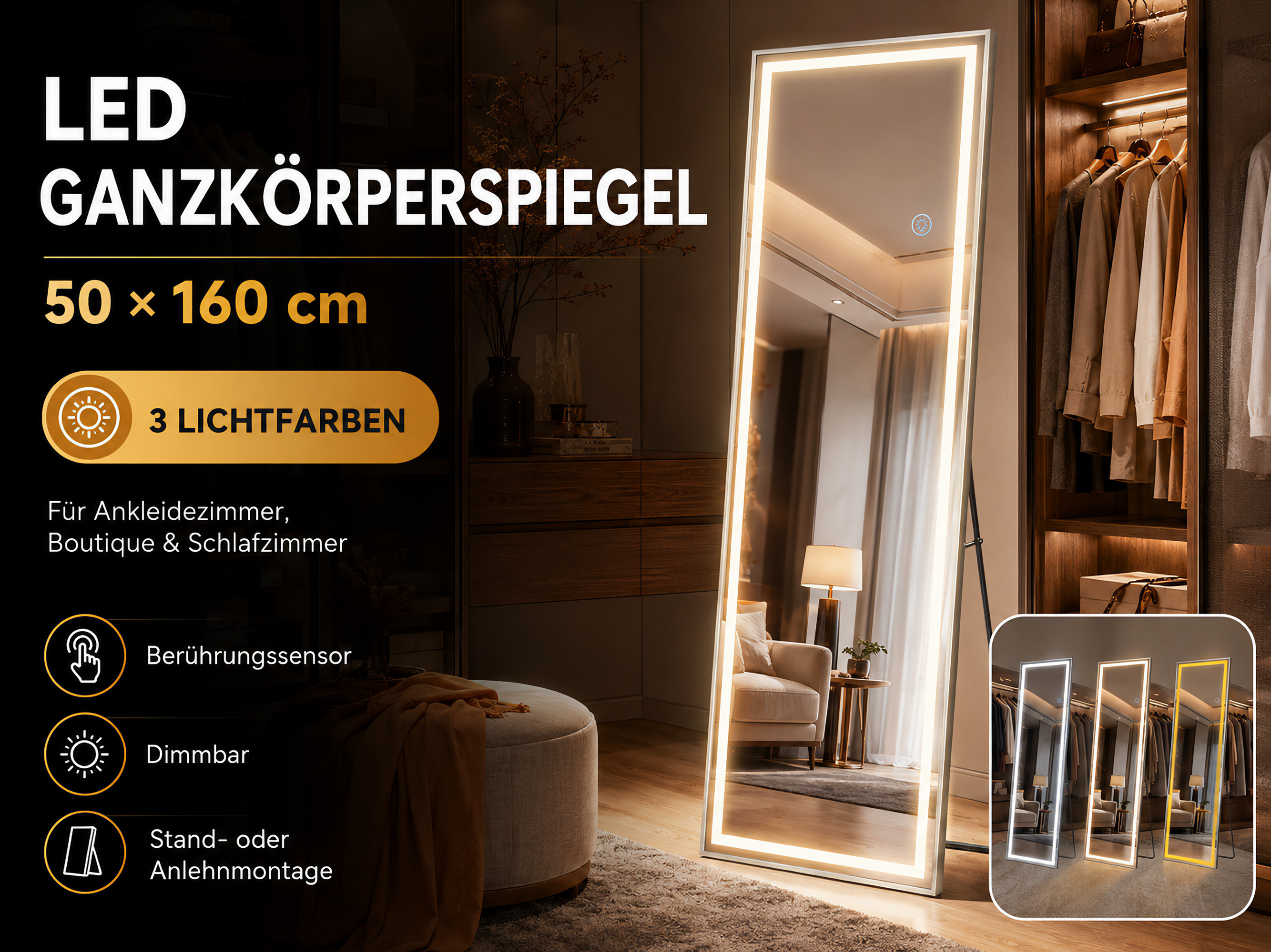 Ein großer LED Ganzkörperspiegel mit Beleuchtung und Kleiderschrank im Hintergrund.
