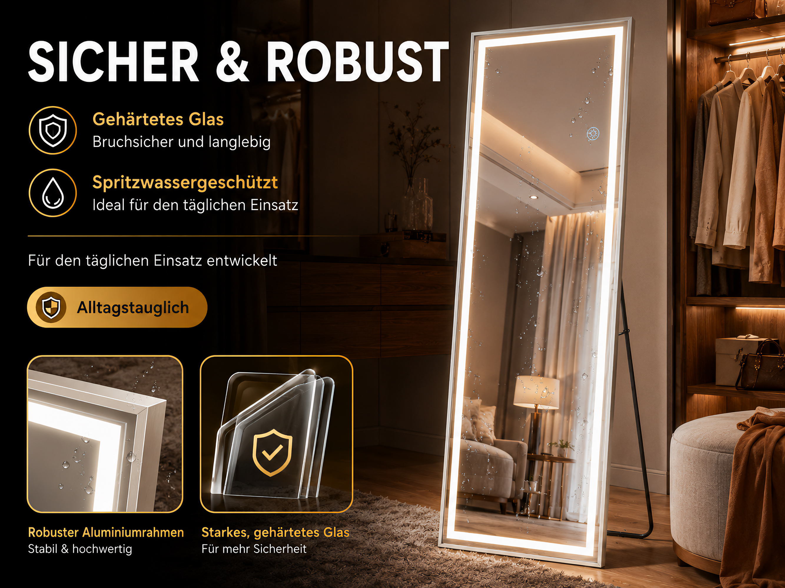 Ein beleuchteter Standspiegel mit Wasserspritzern, neben einer Garderobe.