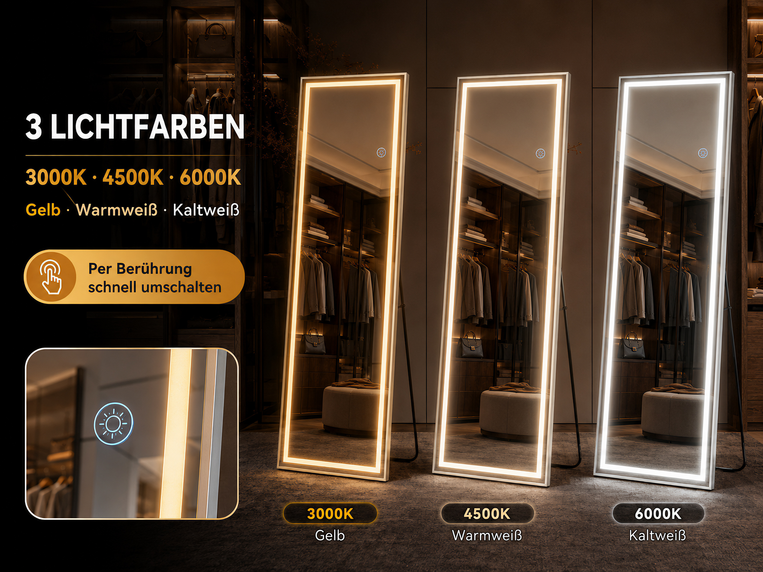 Drei Standspiegel mit LED-Rahmen in verschiedenen Lichtfarben: Gelb, Warmweiß und Kaltweiß.