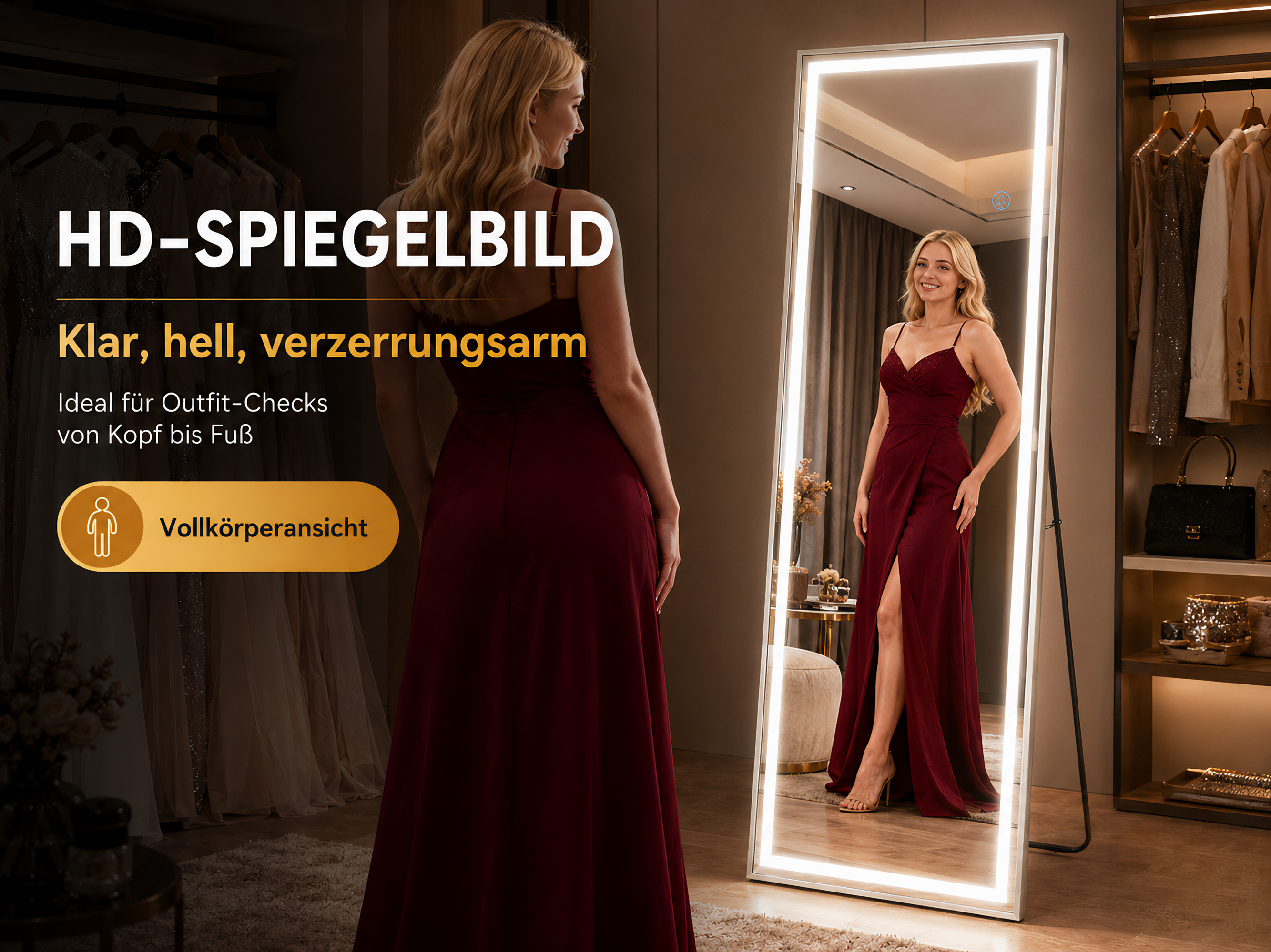 Frau in rotem Kleid prüft Outfit vor beleuchtetem Spiegel im Kleiderschrank.
