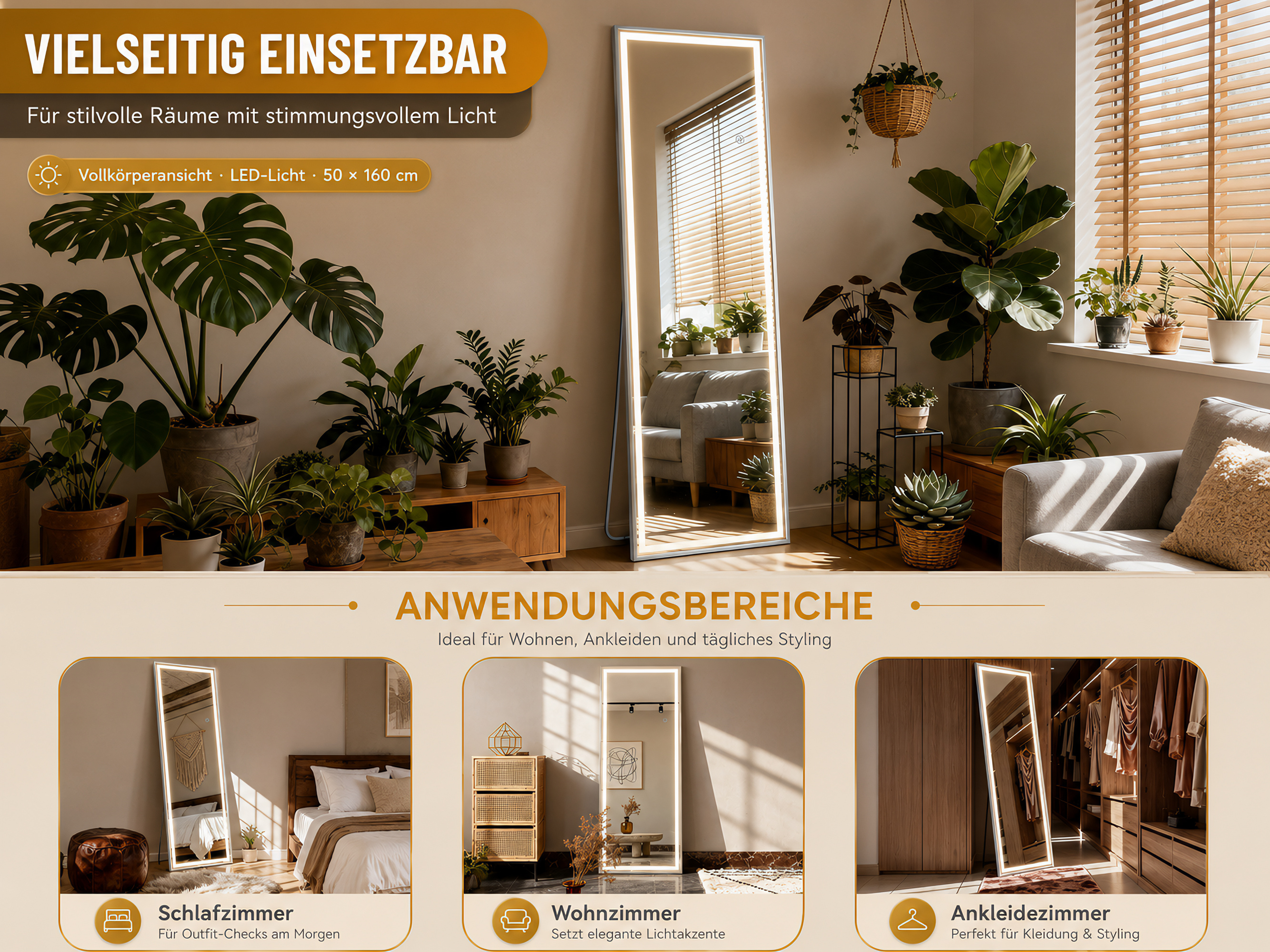 Ein langer, beleuchteter Spiegel steht in einem Raum mit Pflanzen und Möbeln.