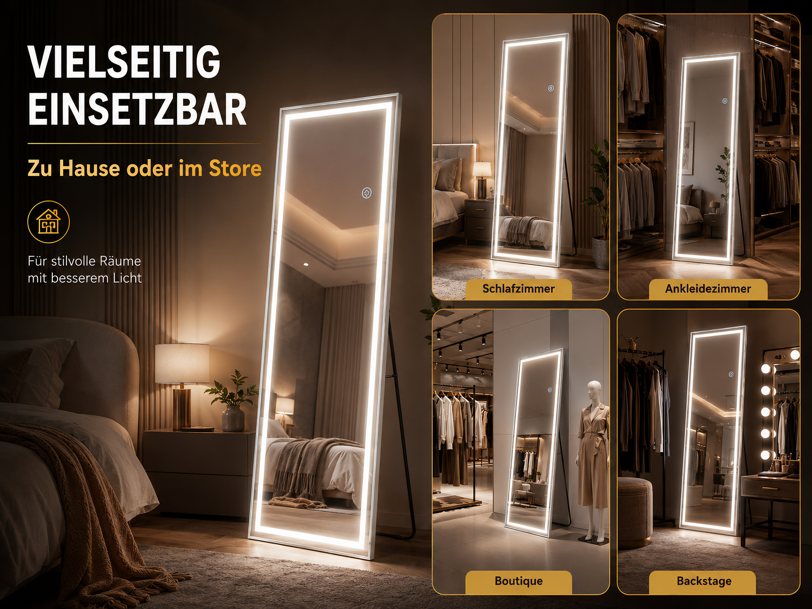 Ein vielseitiger Spiegel für Schlafzimmer, Boutique und Backstage.