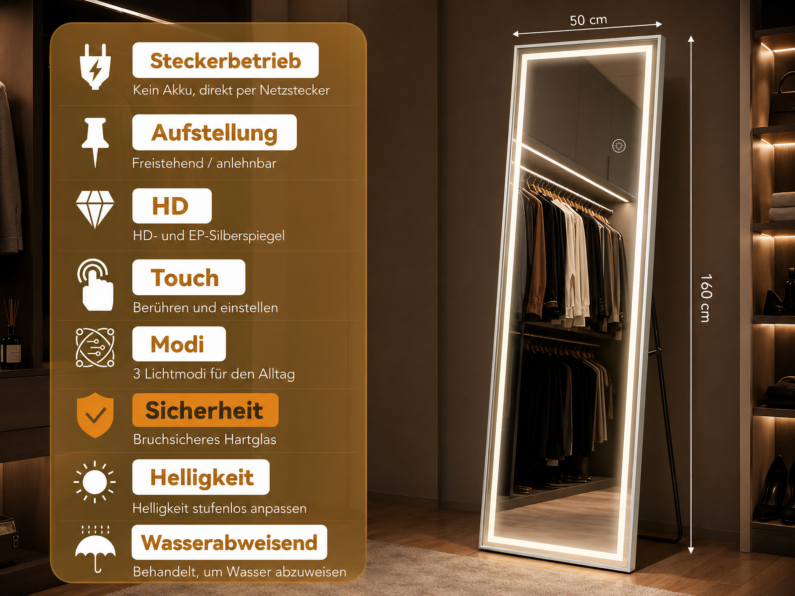Ein beleuchteter Standspiegel mit Kleidung im Hintergrund. Links sind Produktmerkmale aufgeführt.