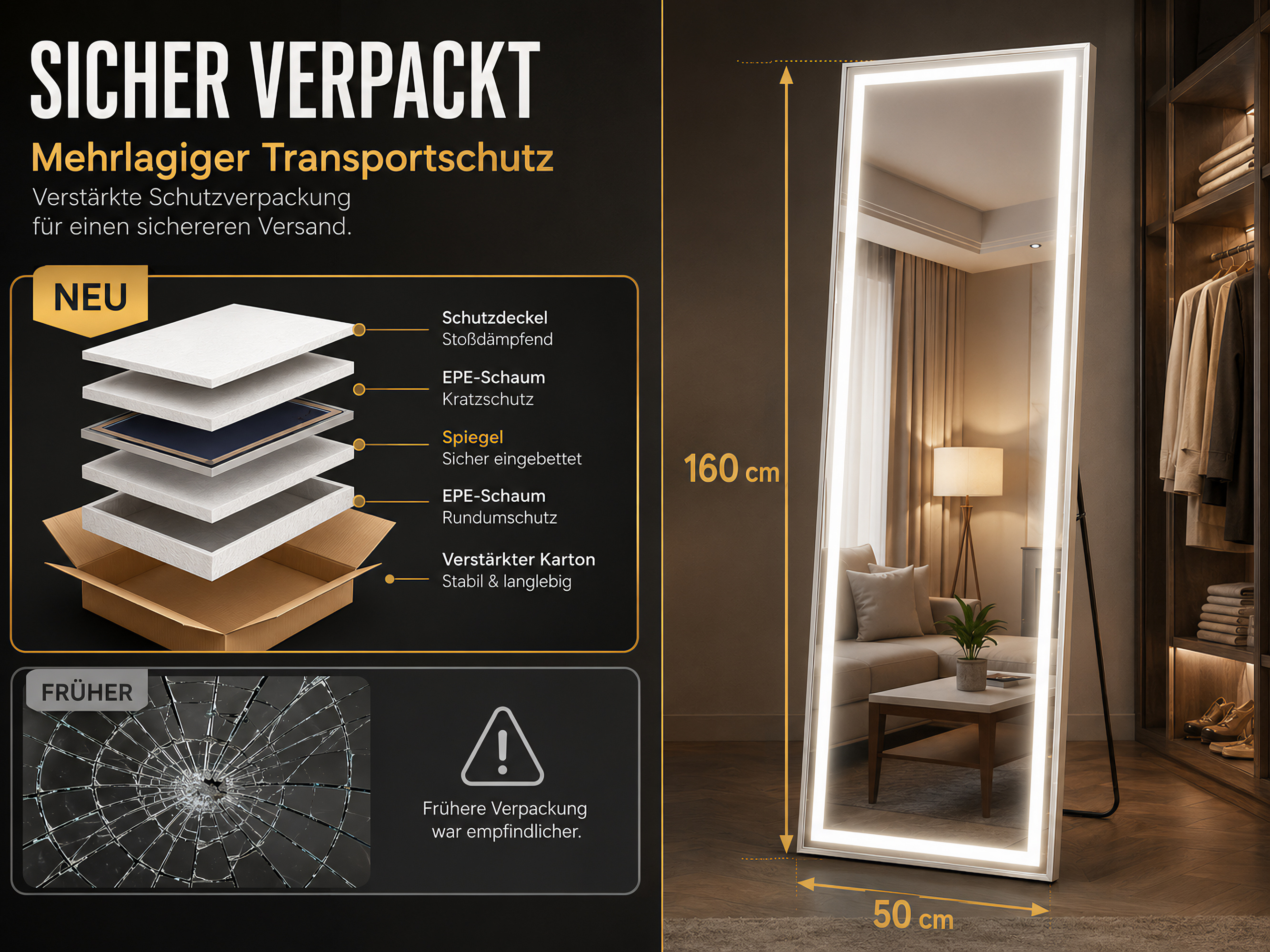 Spiegel mit mehrlagigem Transportschutz: Schaum, Spiegel, Karton. Maße 160x50cm.