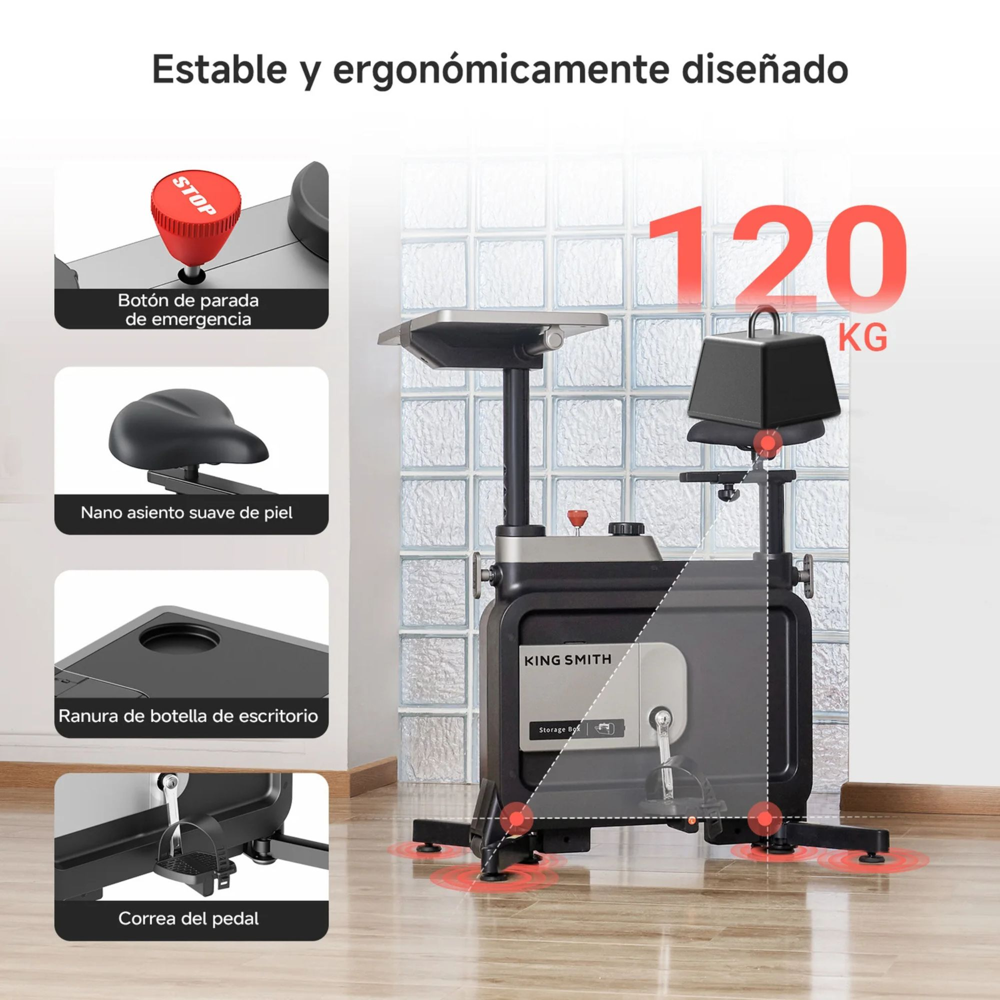 Bicicleta estática con parada de emergencia, asiento, escritorio y 120 kg.