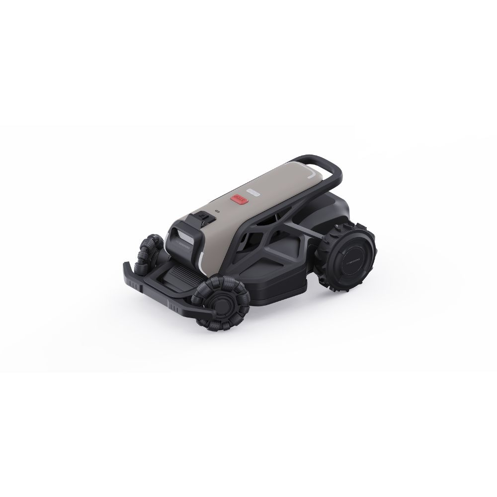 A gray and black robotic lawn mower with red and gray buttons on a white background.