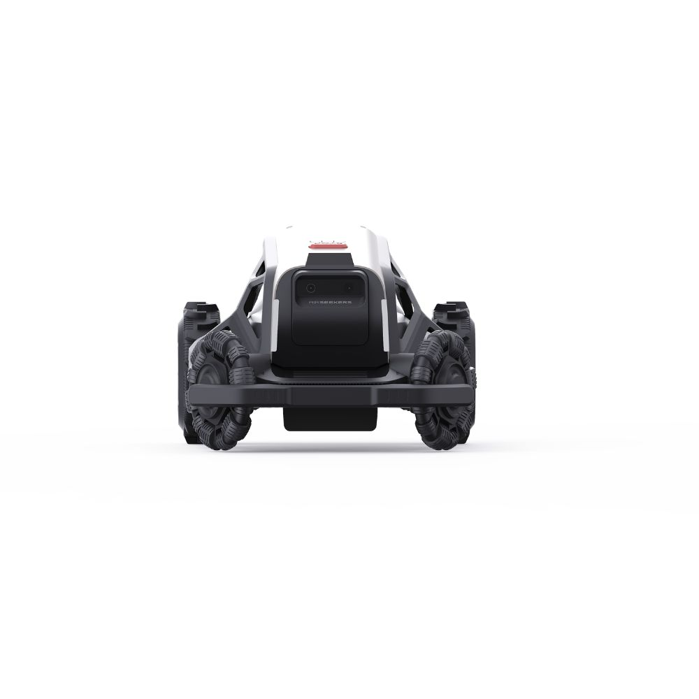 A white and black robotic vehicle with rugged wheels is shown from the front.