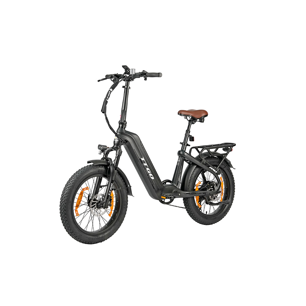 Una bicicletta elettrica nera con pneumatici larghi, sella marrone e portapacchi.