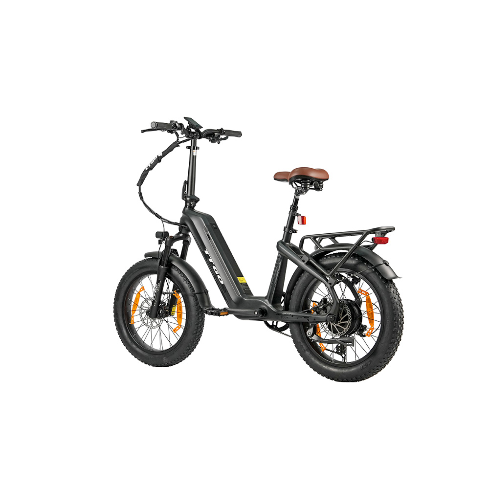 Una bici elettrica pieghevole grigia con pneumatici larghi e sella marrone.