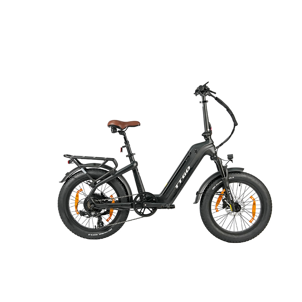 Una bicicletta elettrica nera con sella marrone, pneumatici larghi e portapacchi.