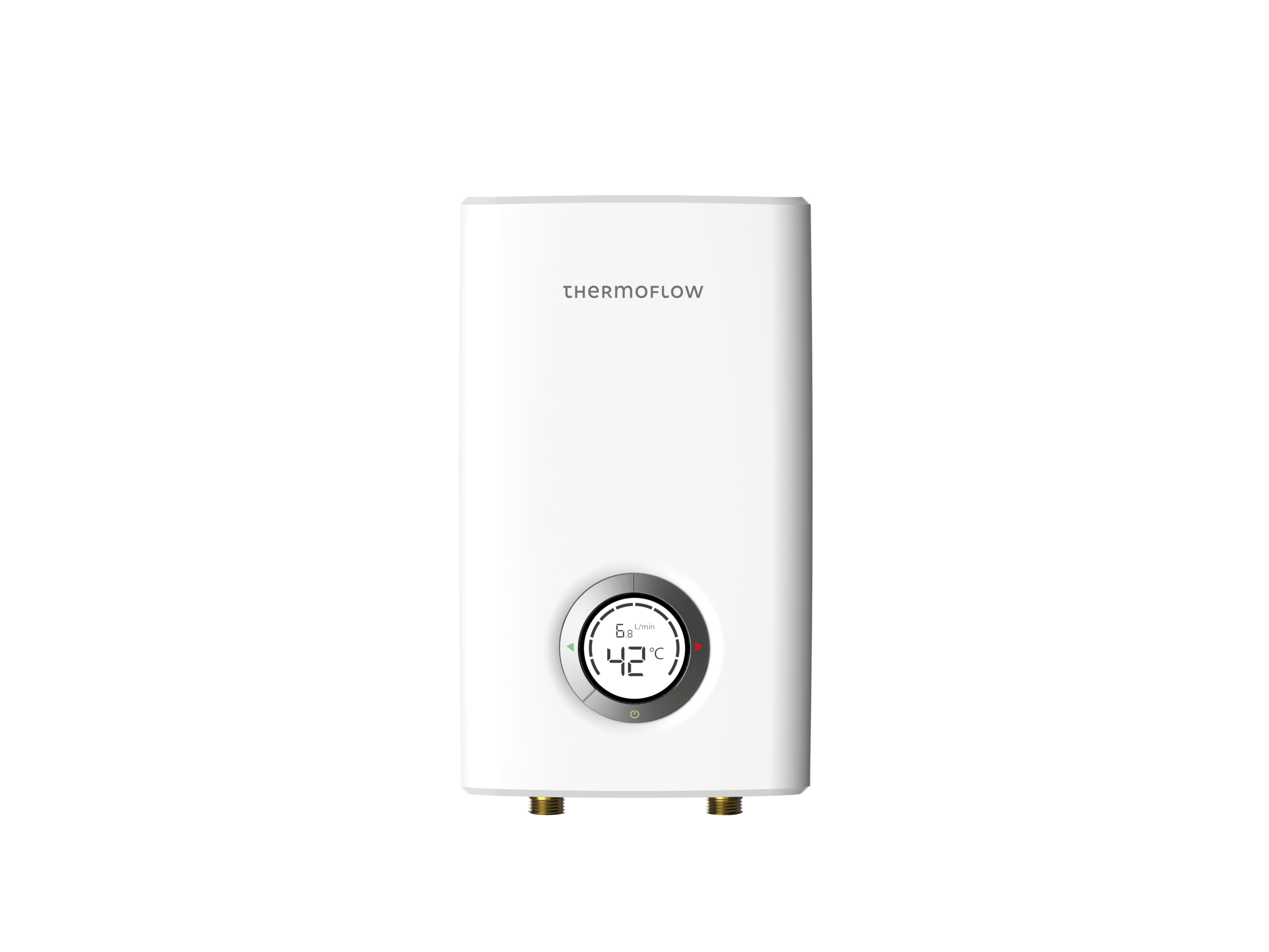 Ein weißer Thermoflow-Wassererhitzer mit digitaler Anzeige zeigt 42°C an.