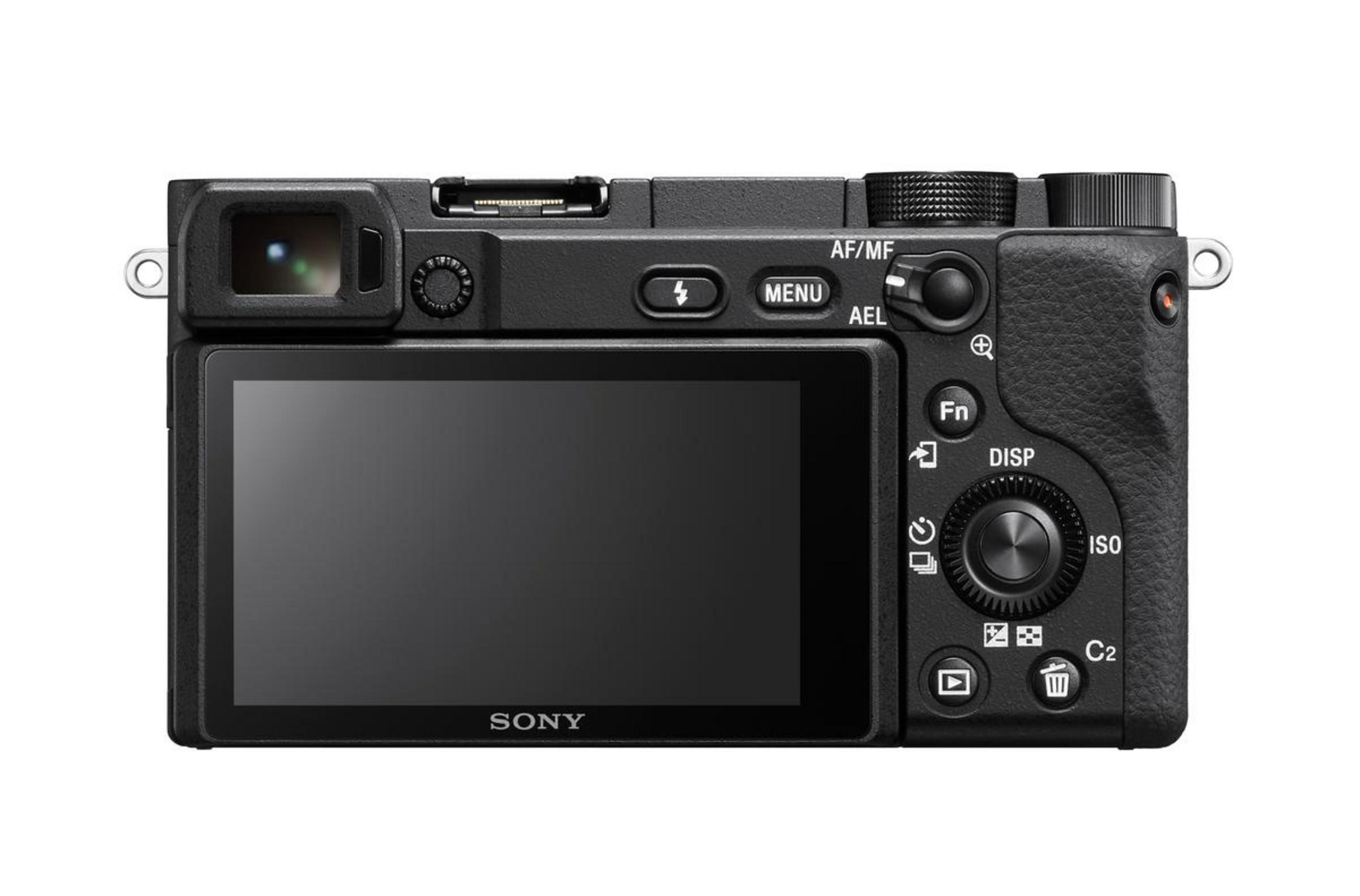 Rückseite einer schwarzen Sony-Kamera mit Bildschirm und Tasten.