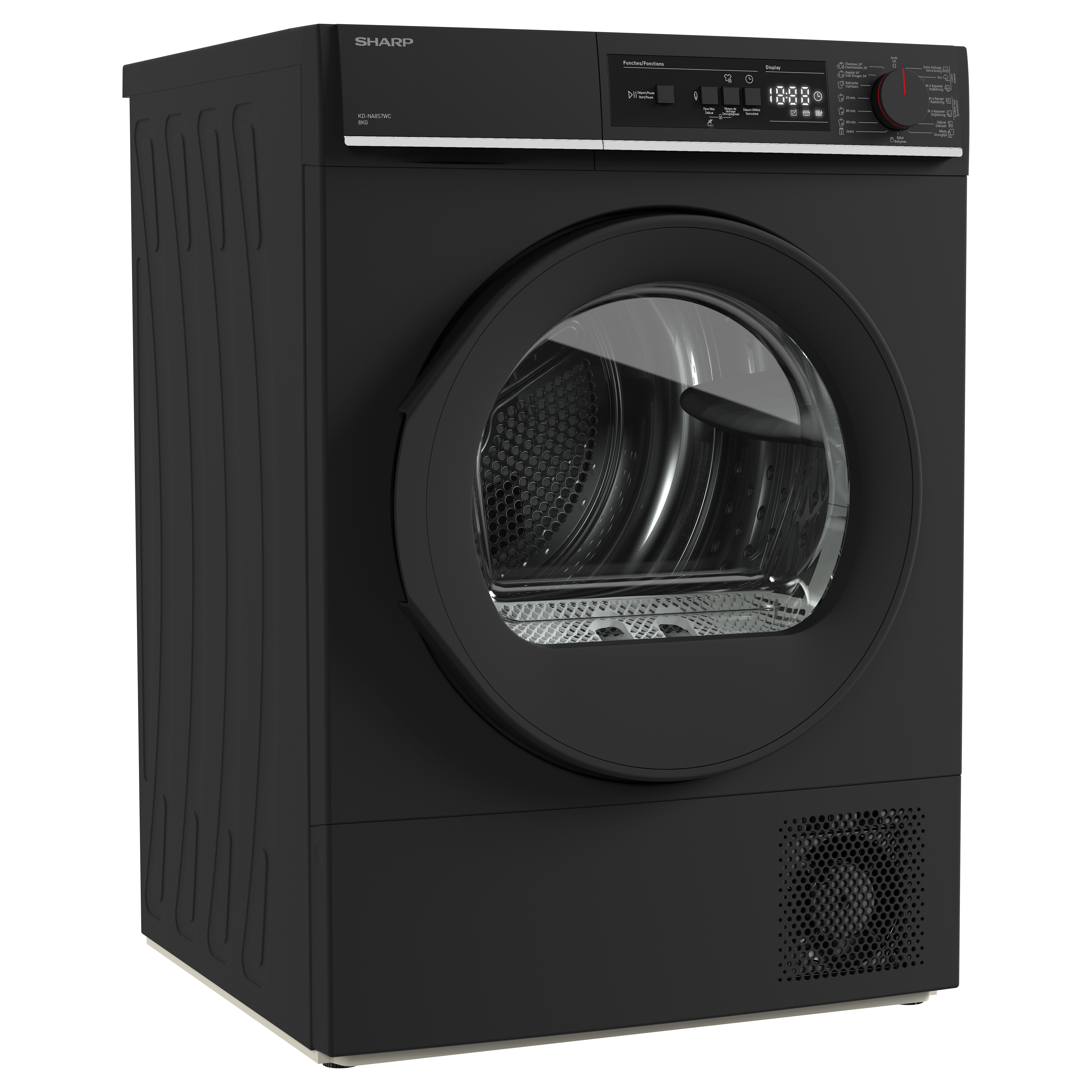 Black clothes dryer with a round door and control panel with digital display.