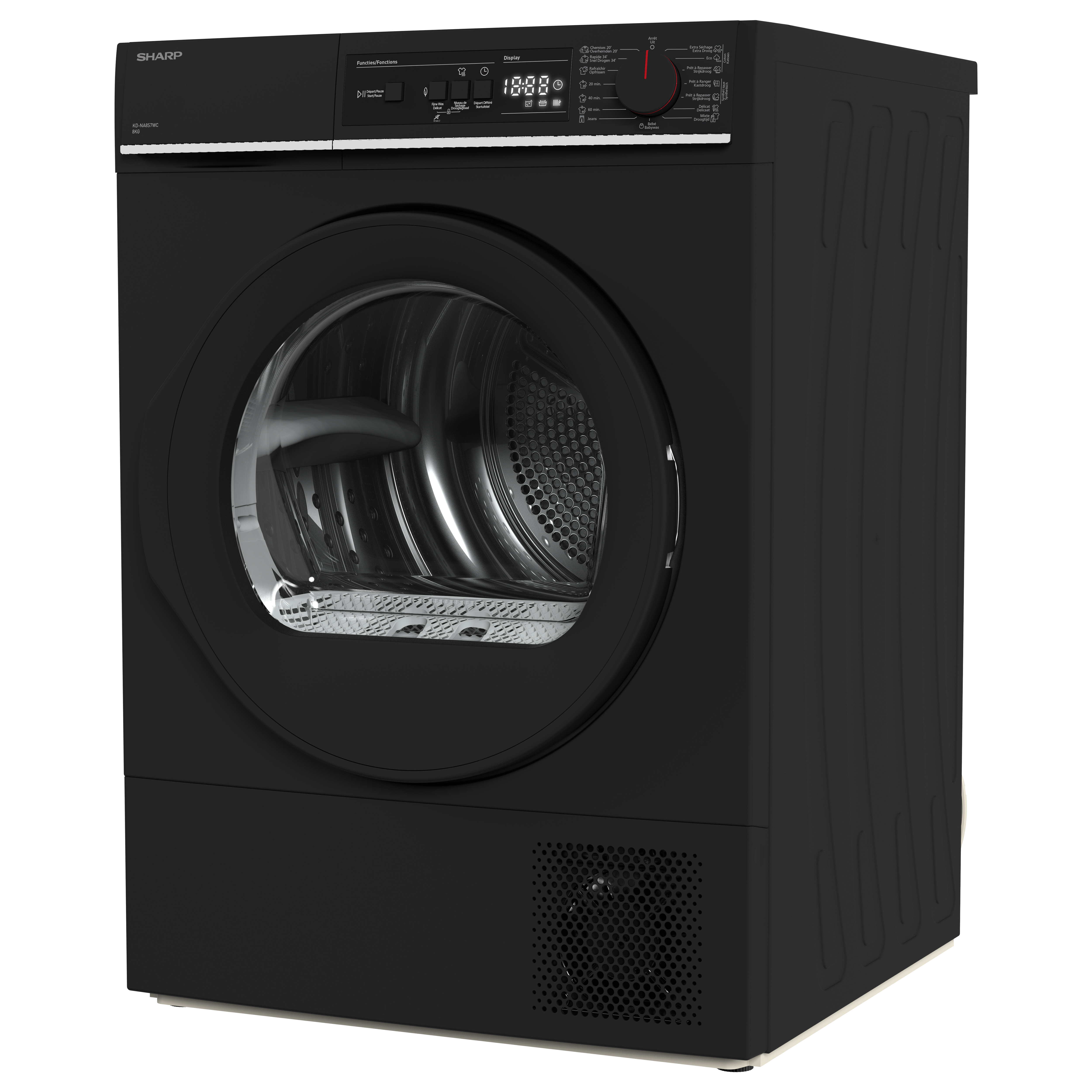 Black Sharp dryer with round door and control panel. Door on left, control panel on right.
