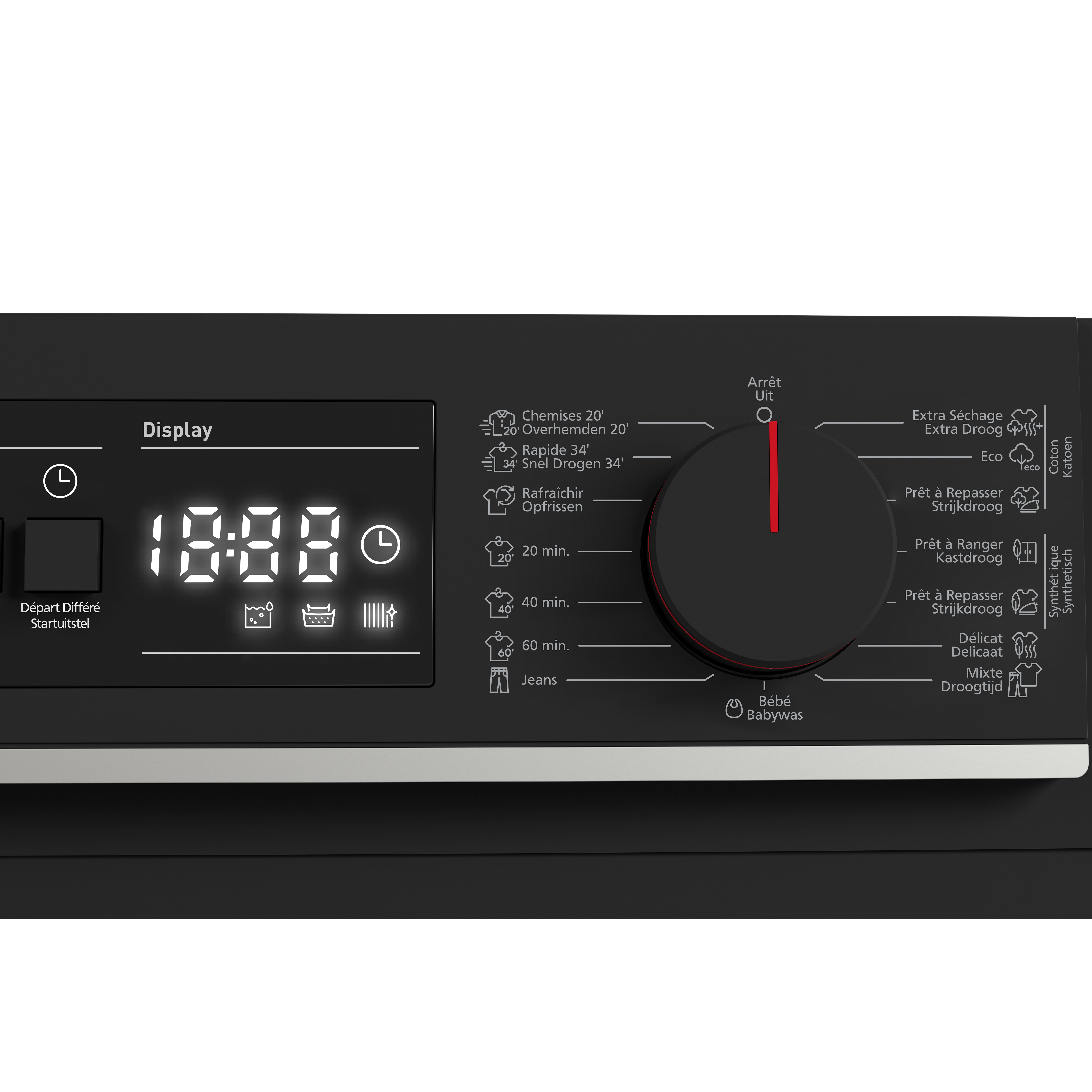 Washing machine control panel with display and program selection.