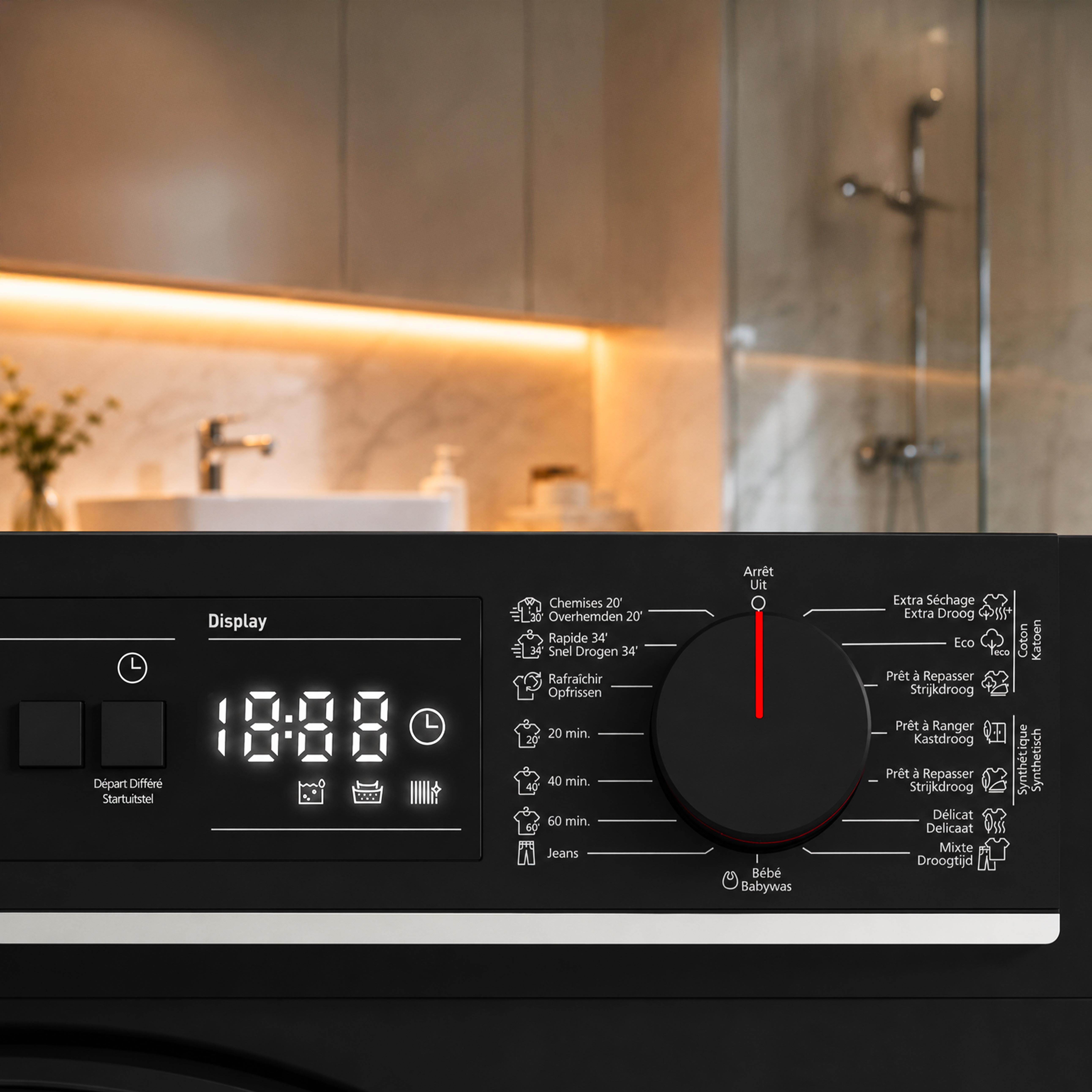 Washing machine control panel with digital display and program selection.