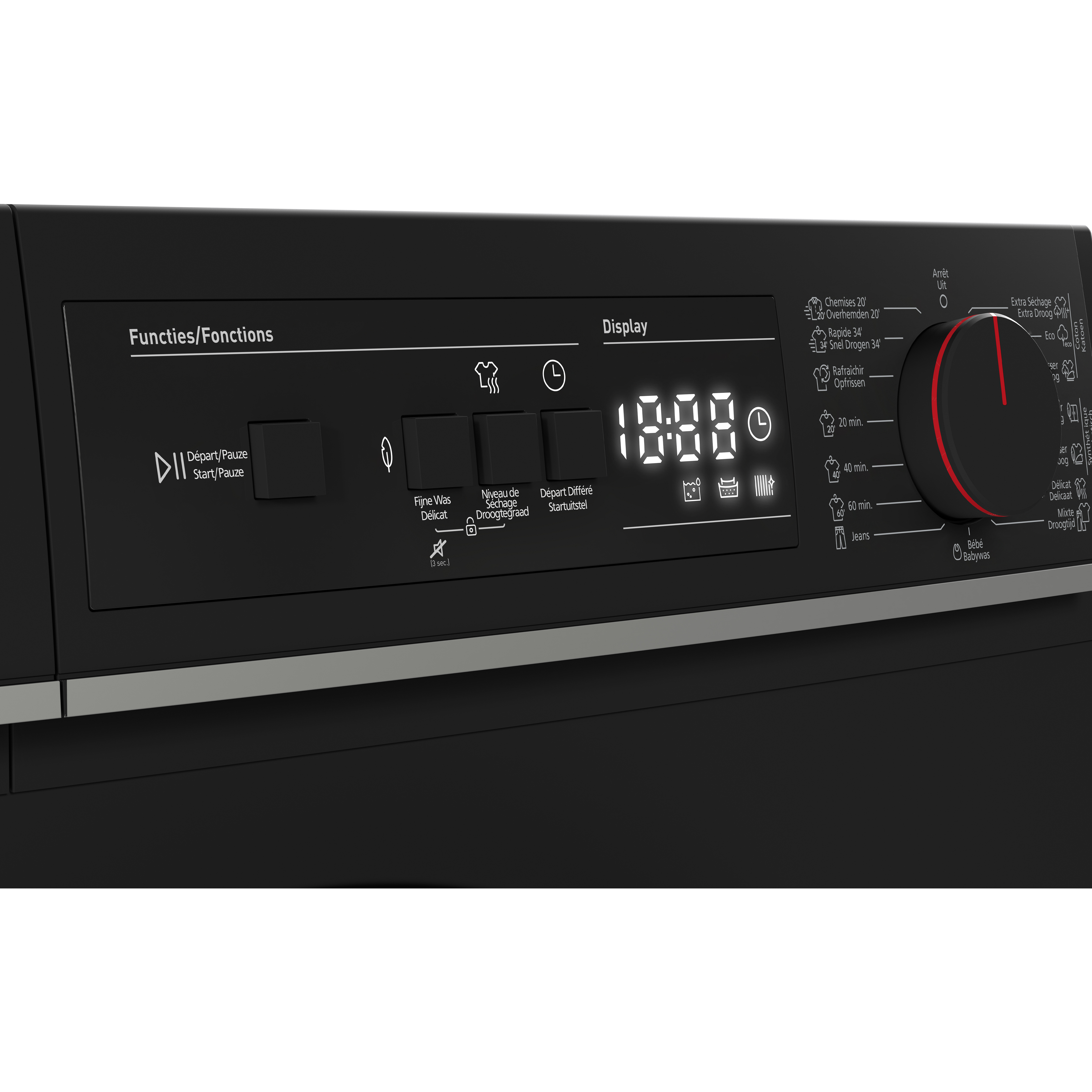Washing machine control panel with digital display and program selection dial.