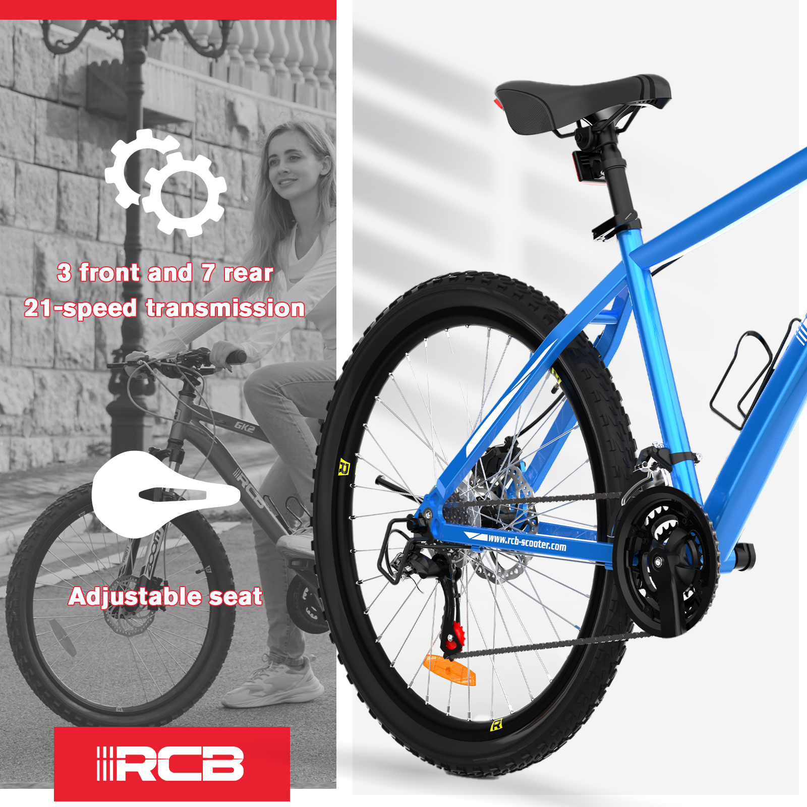Ein blaues Fahrrad mit 21 Gängen und verstellbarem Sitz wird gezeigt.