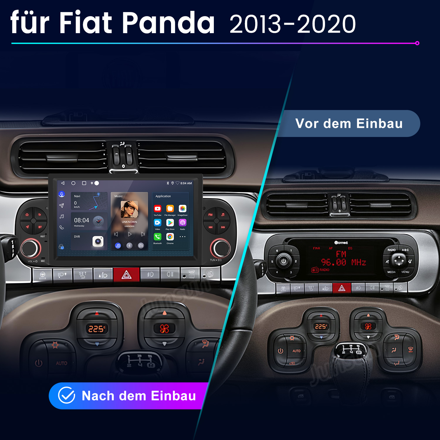 Vorher/Nachher Vergleich eines Fiat Panda Infotainmentsystems.
