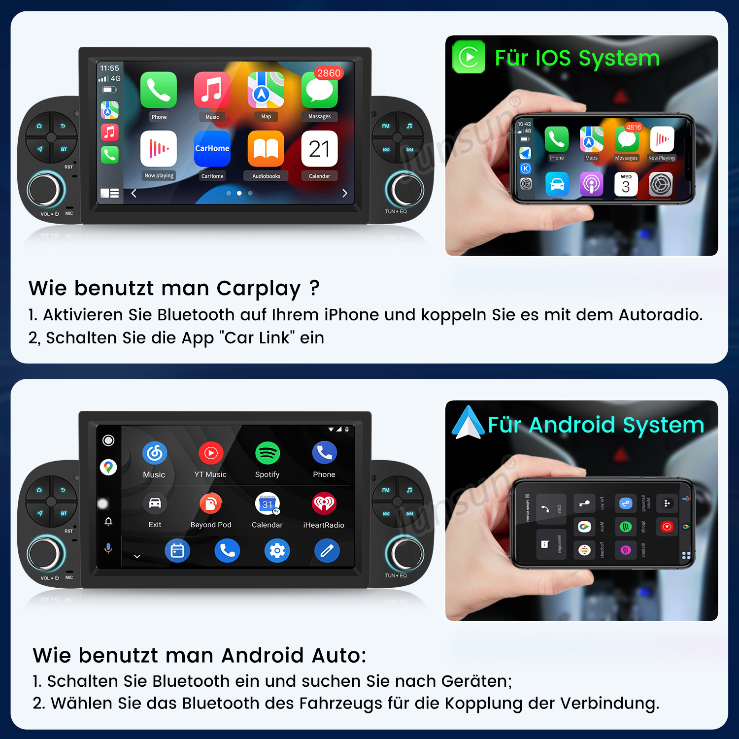 Zwei Autosysteme: Carplay-Bildschirm mit iPhone und Android Auto-Bildschirm mit Smartphone.