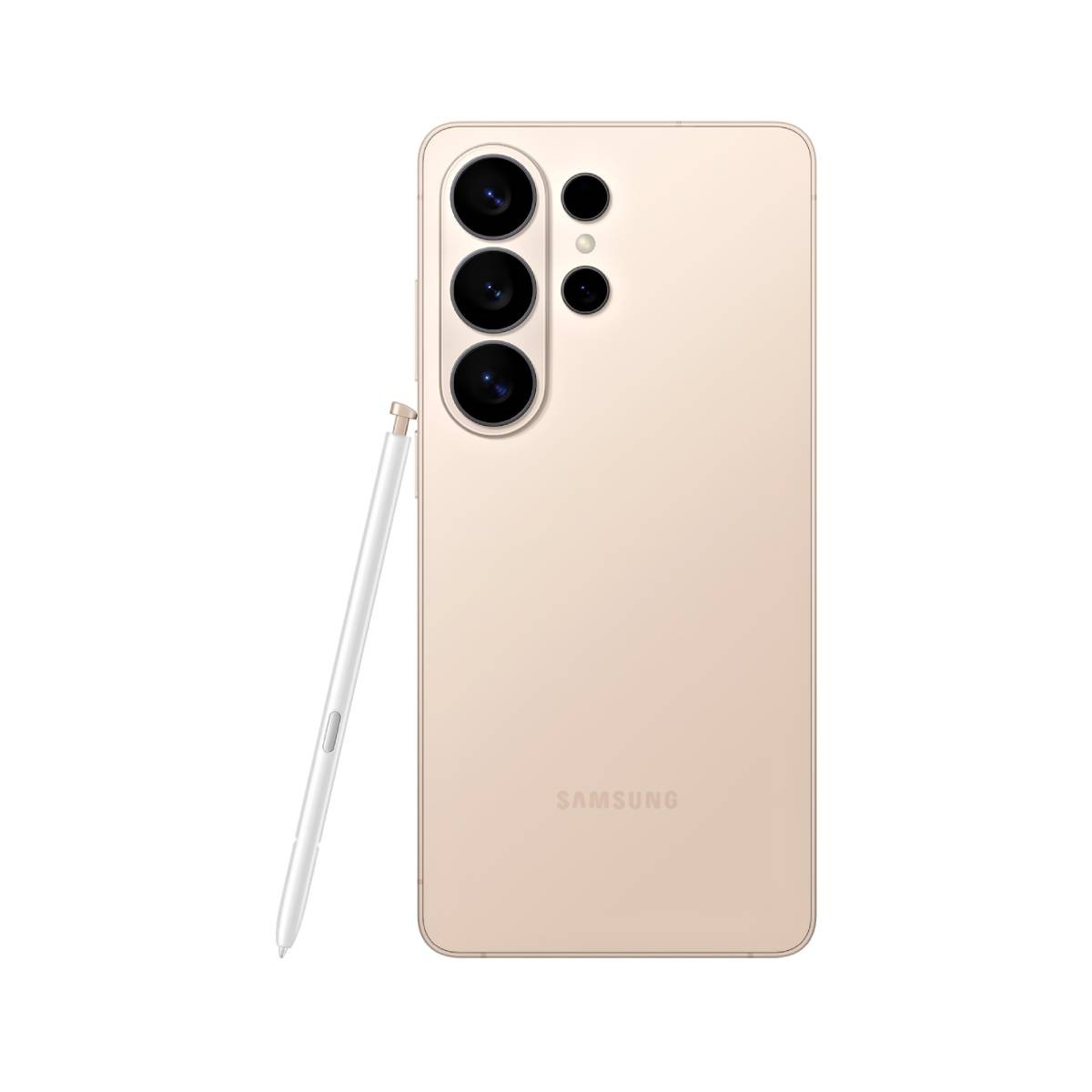 Un smartphone Samsung beige con lápiz reposa sobre fondo blanco.