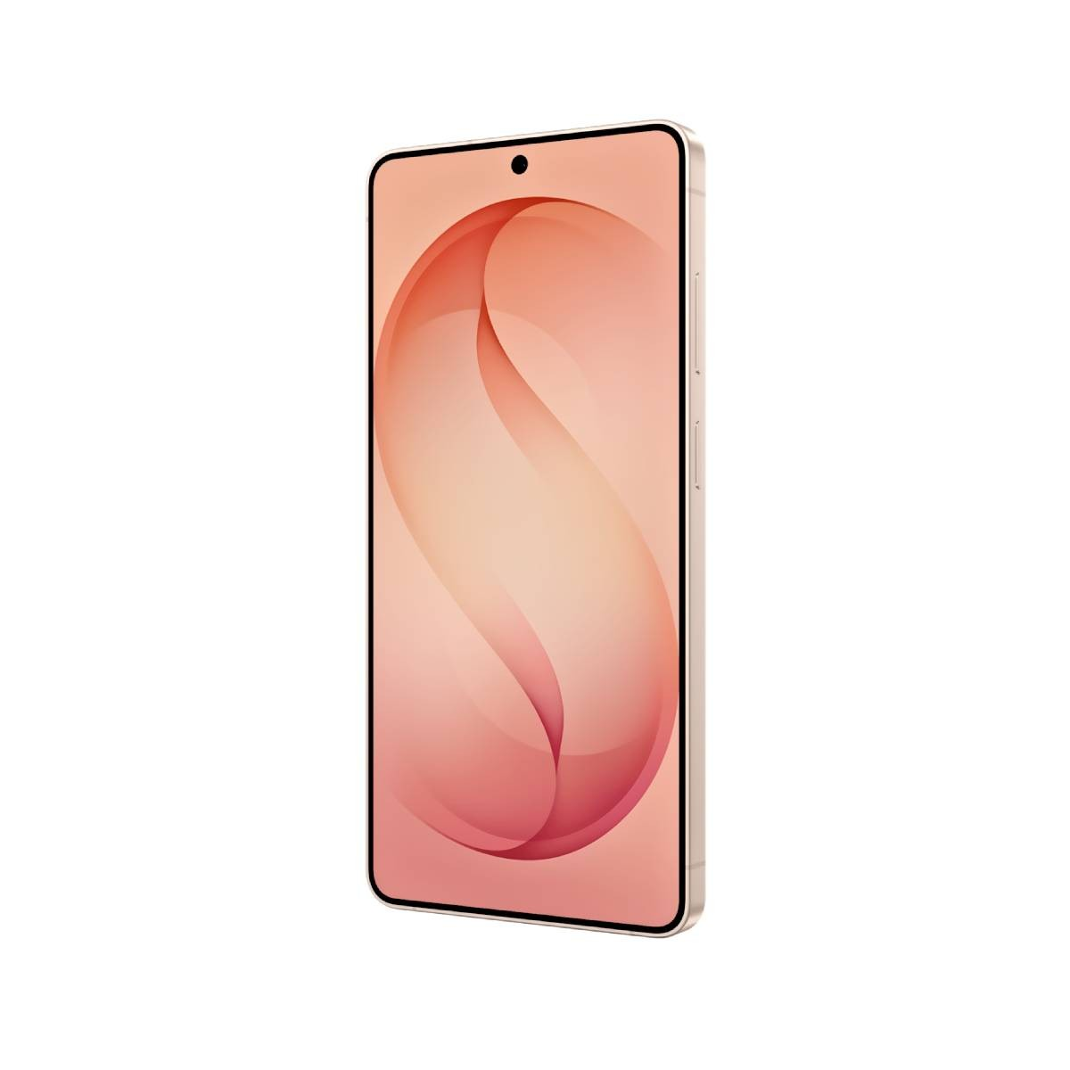 Marco dorado de smartphone con pantalla rosa claro y formas abstractas.