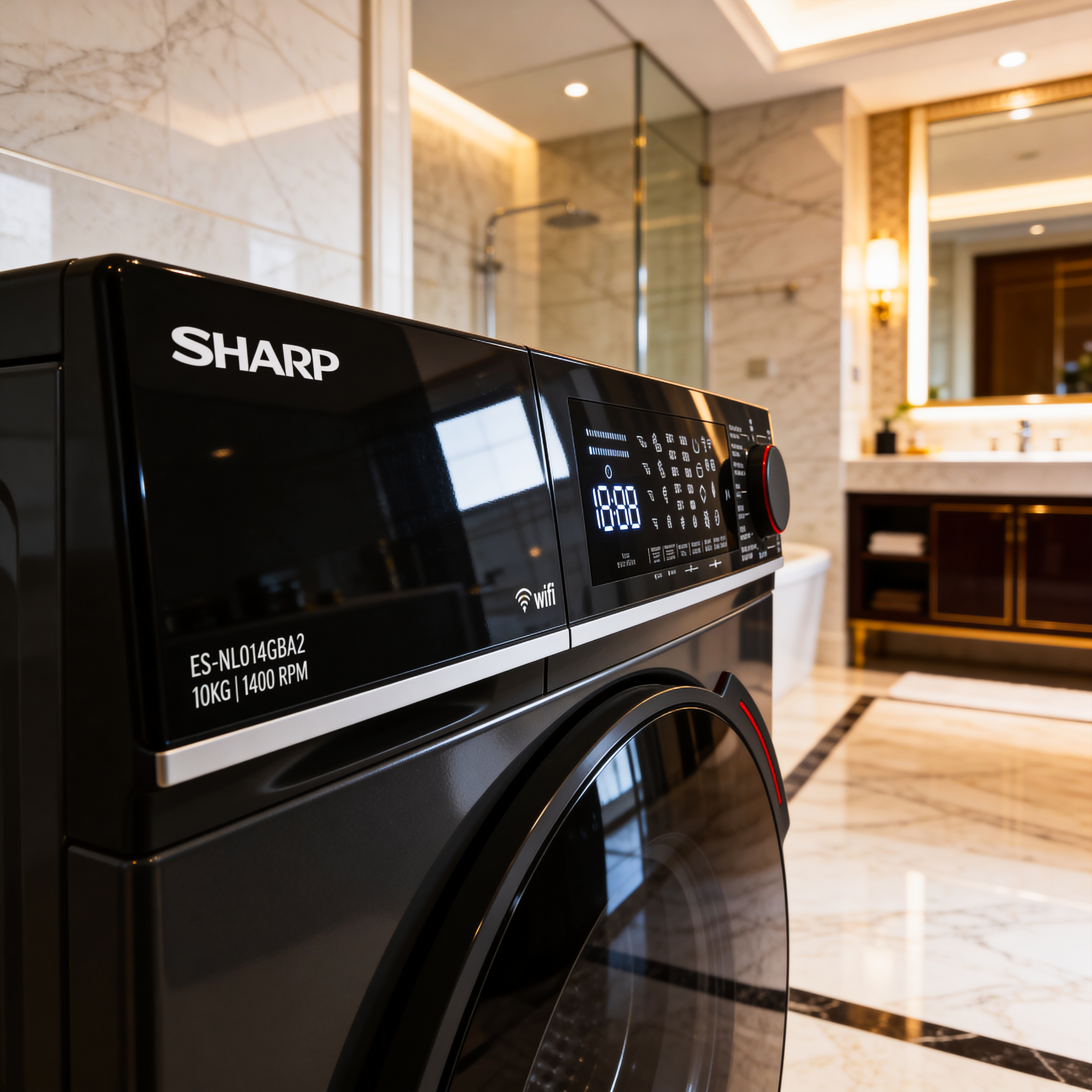 Black Sharp washing machine with display, in a luxury bathroom setting.