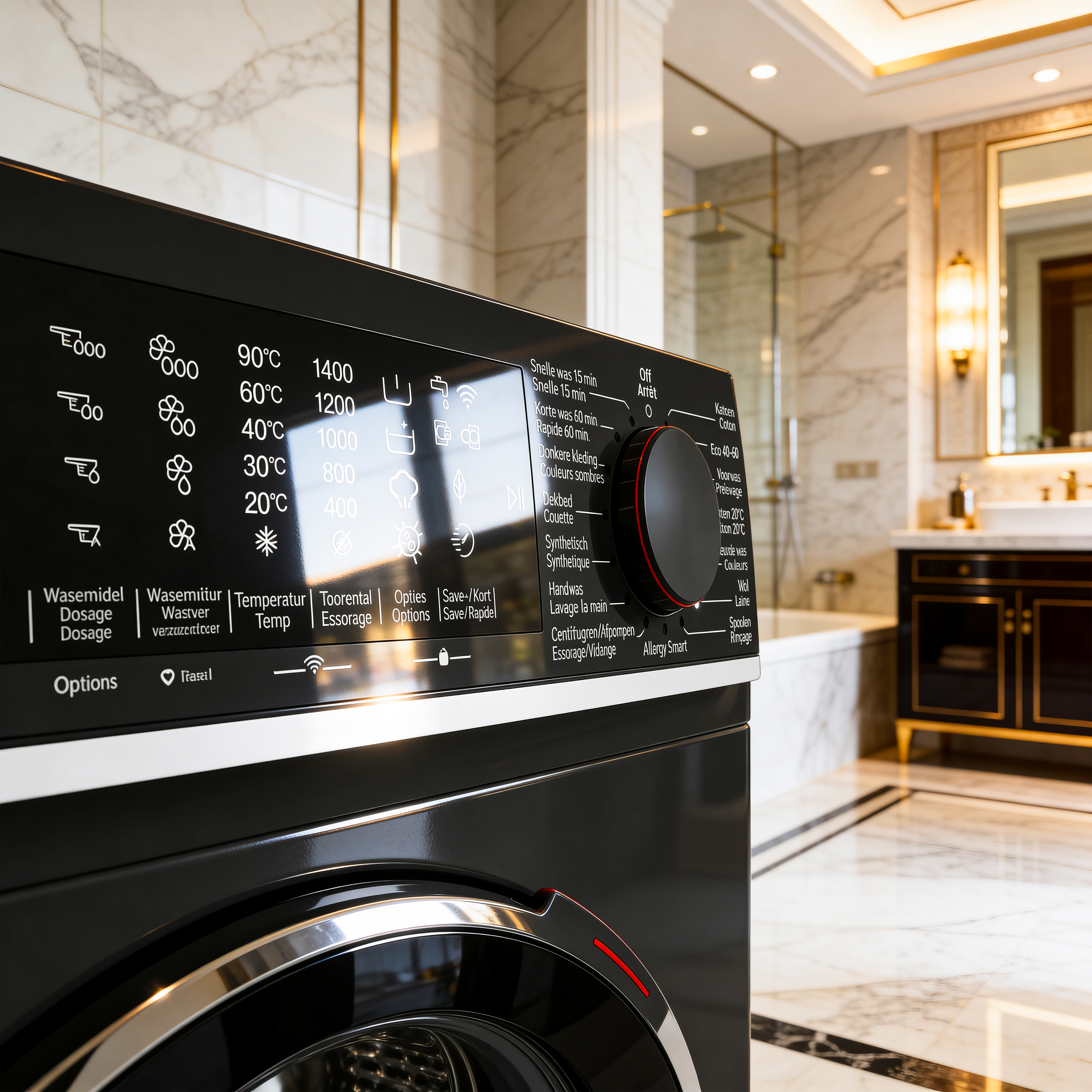 Modern washing machine with digital control panel in a luxurious marble bathroom.
