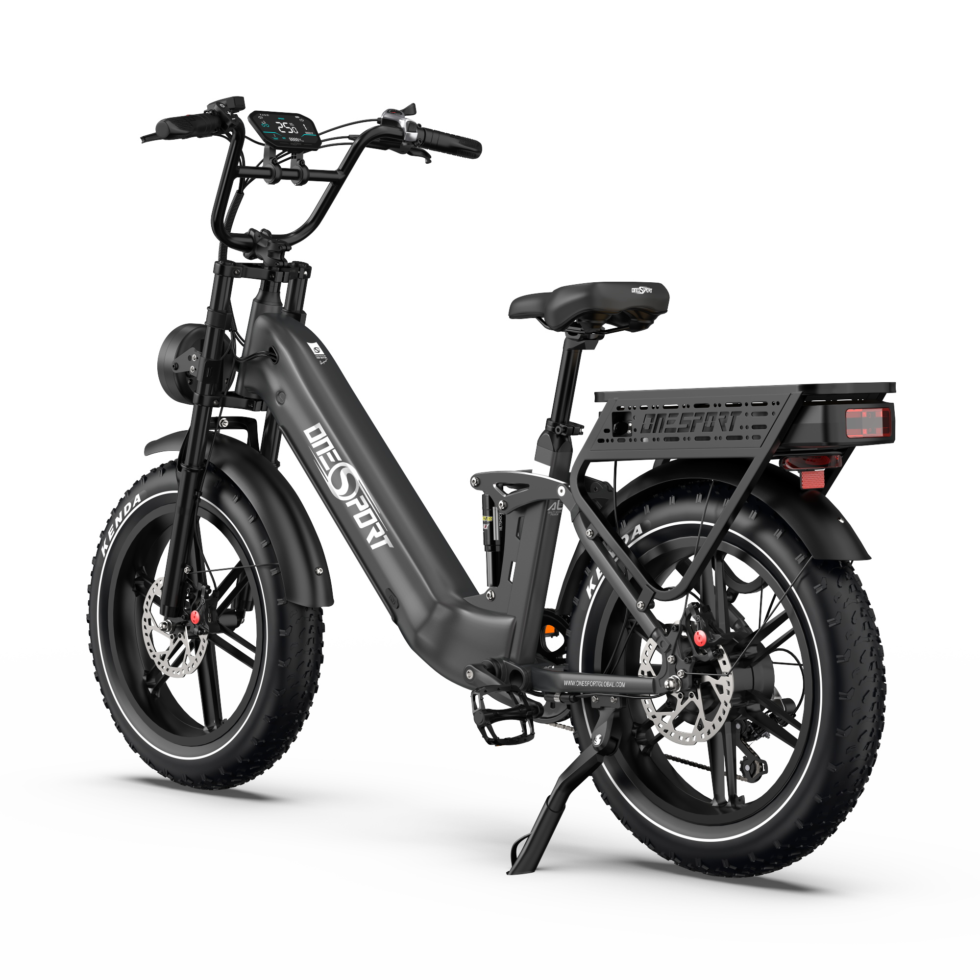 Bicicletta elettrica nera con pneumatici larghi, portapacchi e display digitale.