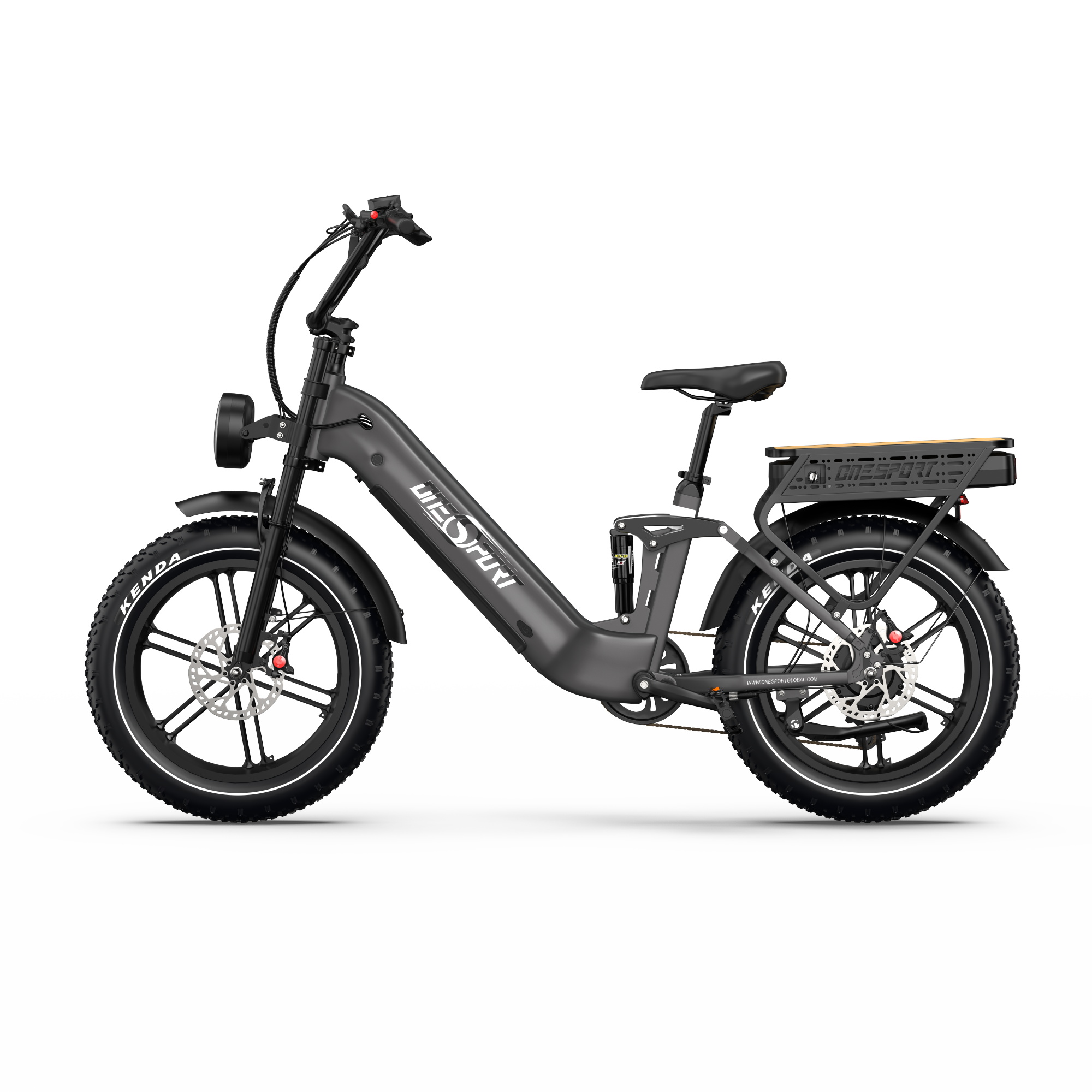 Una bici elettrica grigia con pneumatici larghi, sospensioni e portapacchi.