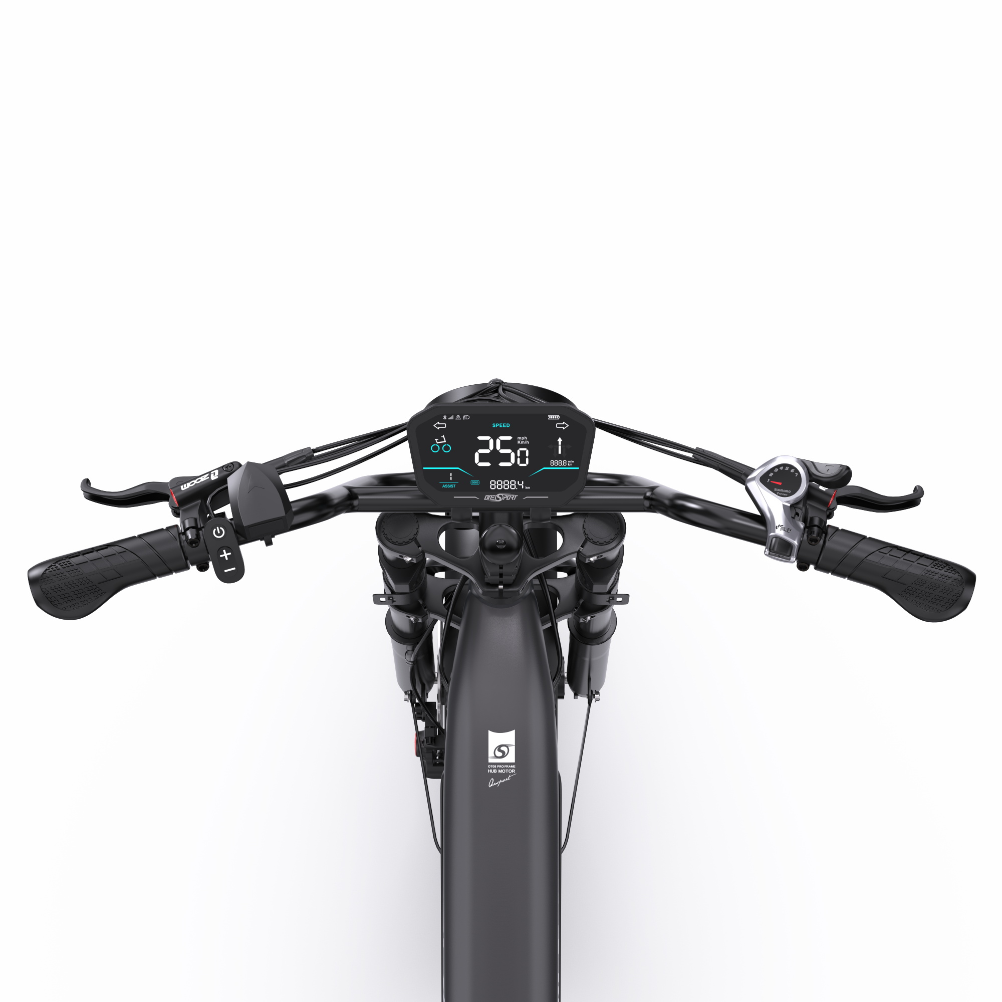 Manubrio e-bike nero con display digitale che mostra 25 km/h di velocità.