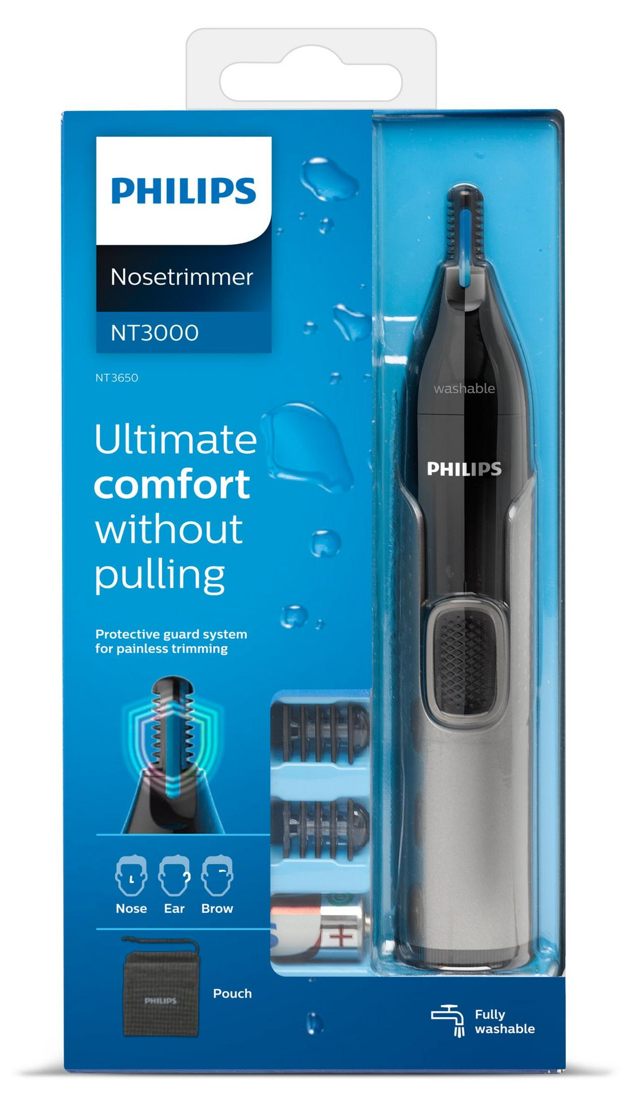 Trymer do nosa Philips NT3000 w opakowaniu z akcesoriami: trymer, nasadki, bateria, etui.