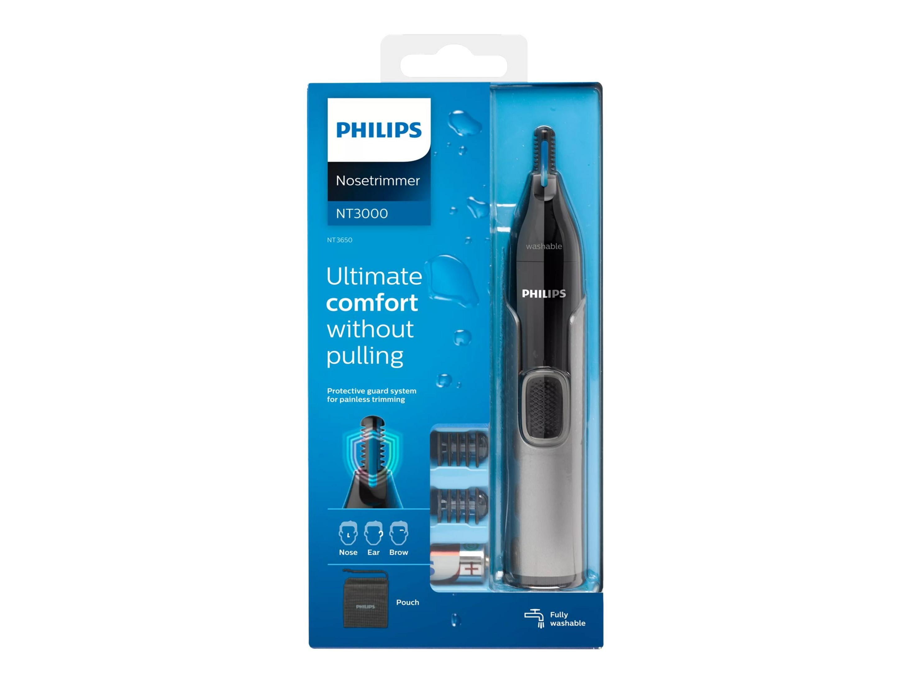 Trymer do nosa Philips NT3000 w opakowaniu, srebrno-czarny, zmywalny.