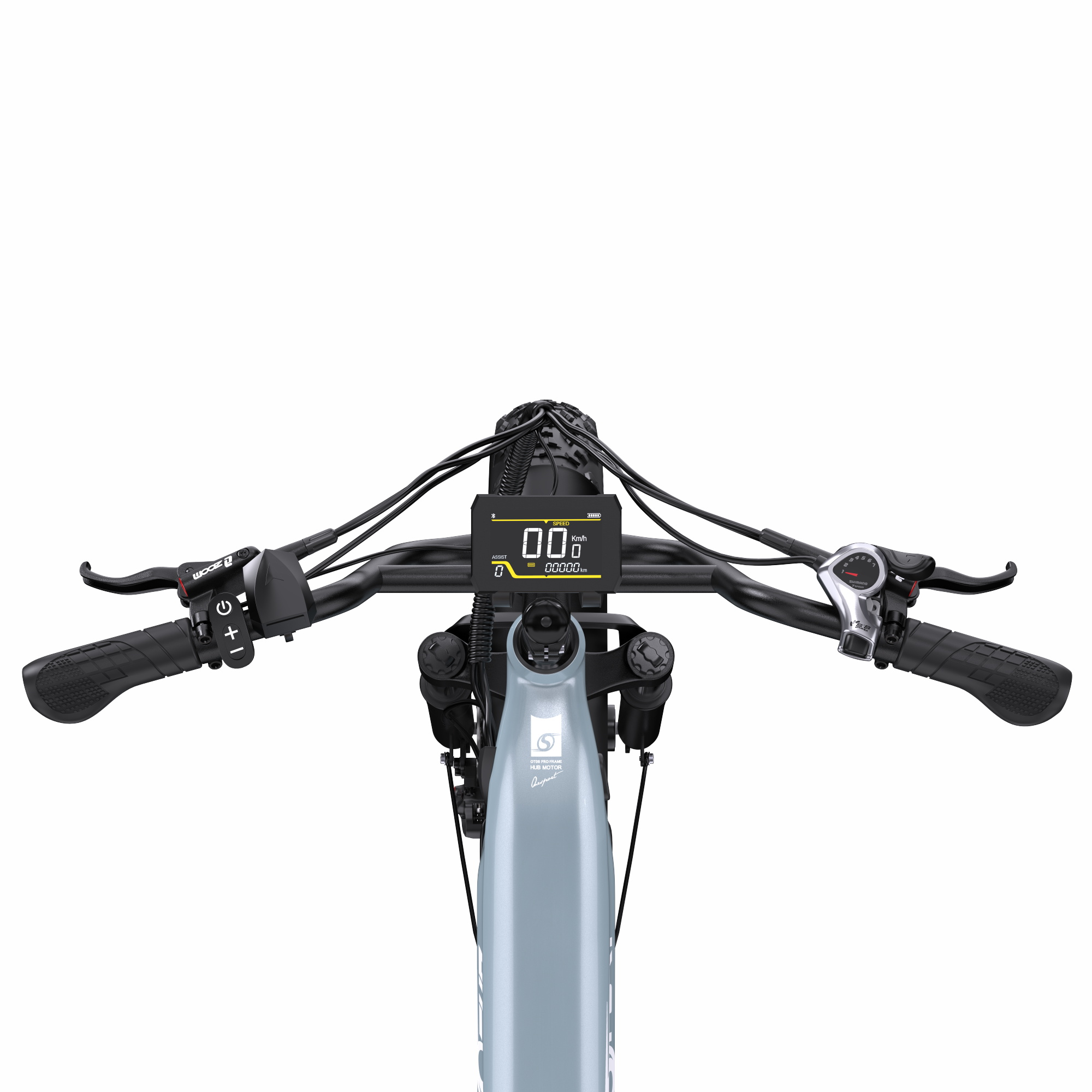 Manubrio di una e-bike azzurra con display, manopole e freni.