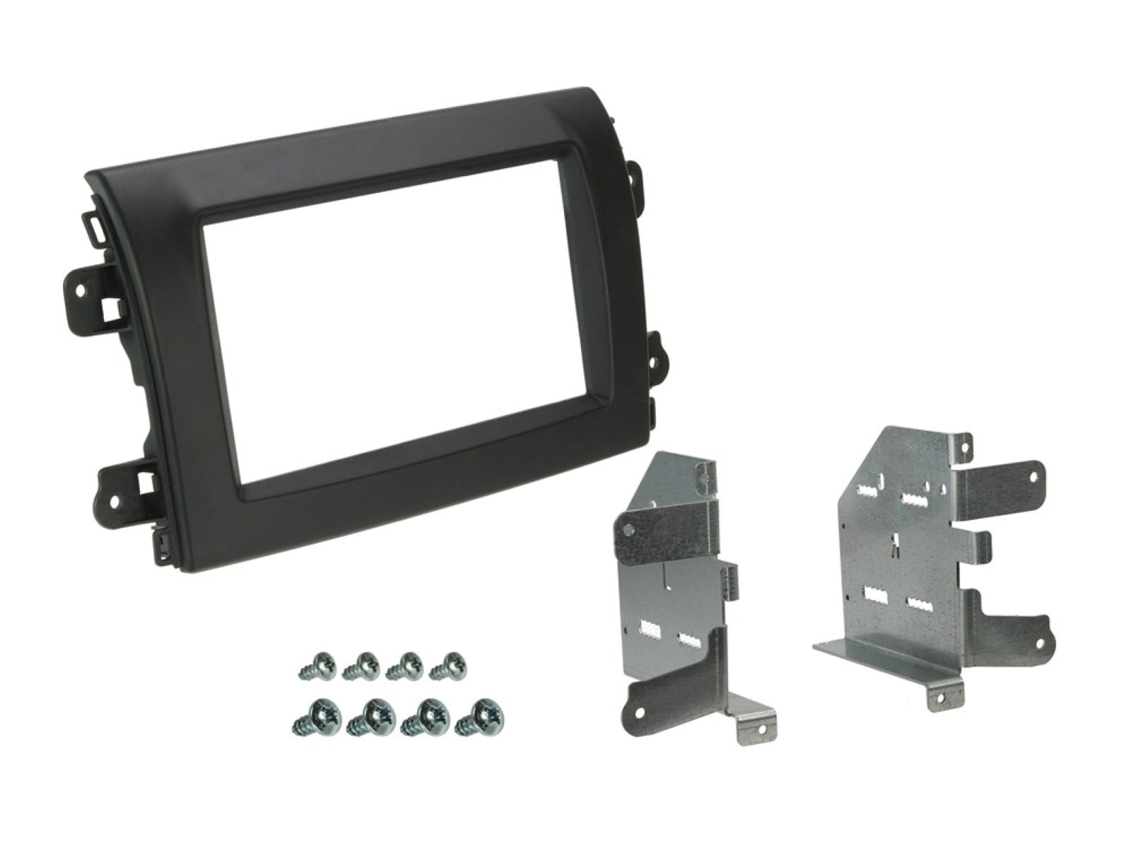 Schwarzes Auto-Armaturenbrett-Kit mit Schrauben und Metallwinkeln auf Weiß.